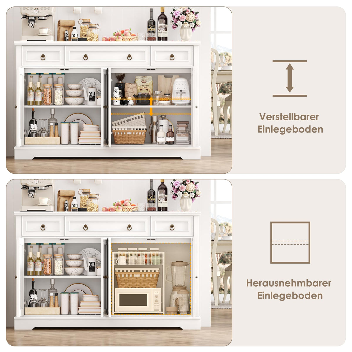 FirFurd Sideboard Kitchen Cabinet with Worktop Buffet Cabinet Sideboard for Kitchen Living Room Cabinet with 3 Drawers and 4 Doors Kitchen Buffet with Adjustable Shelf 134 x 87 x 40 cm White