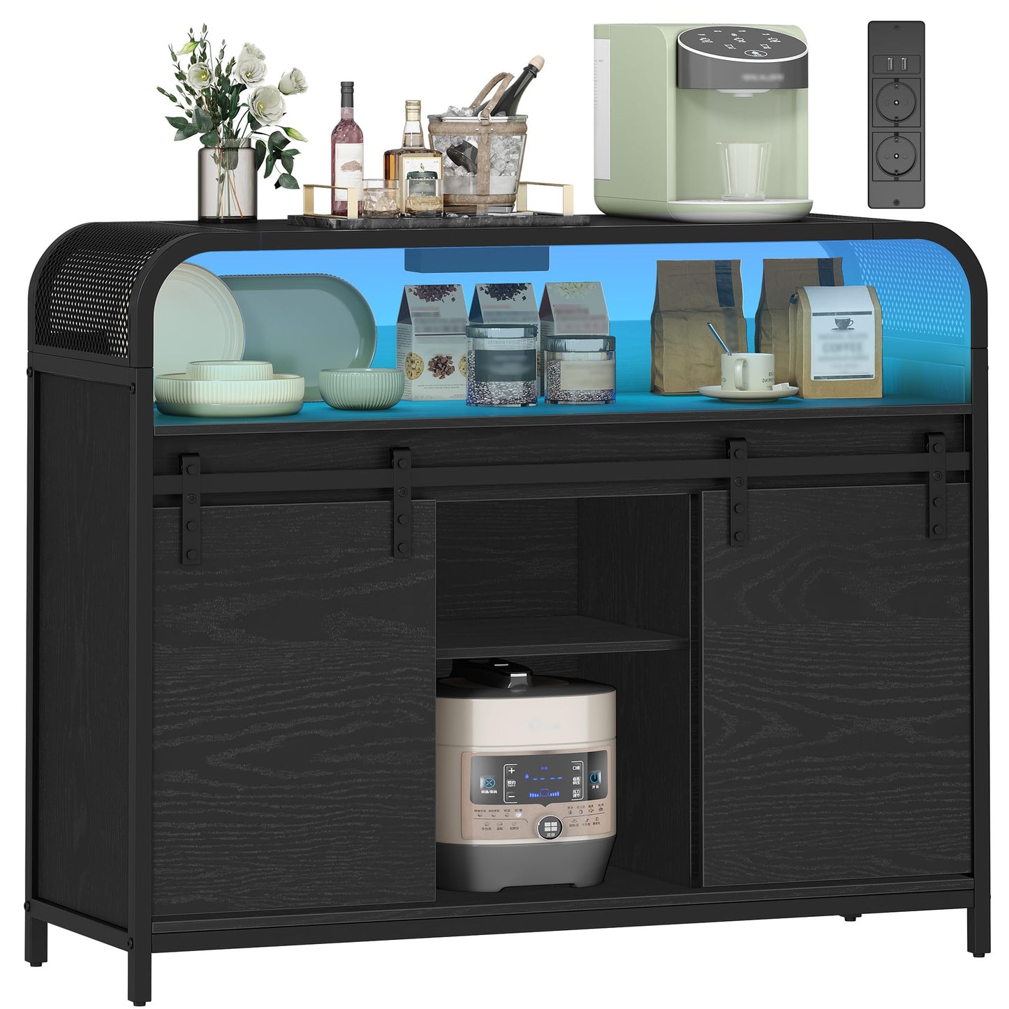 Hzuaneri SC00103WEU Kitchen Cabinet with LED Lighting, Sideboard with Power Strip, Storage Cabinet with 2 Sliding Doors, Adjustable Dividers, Kitchen, Dining Room, 35 x 100 x 80 cm, White