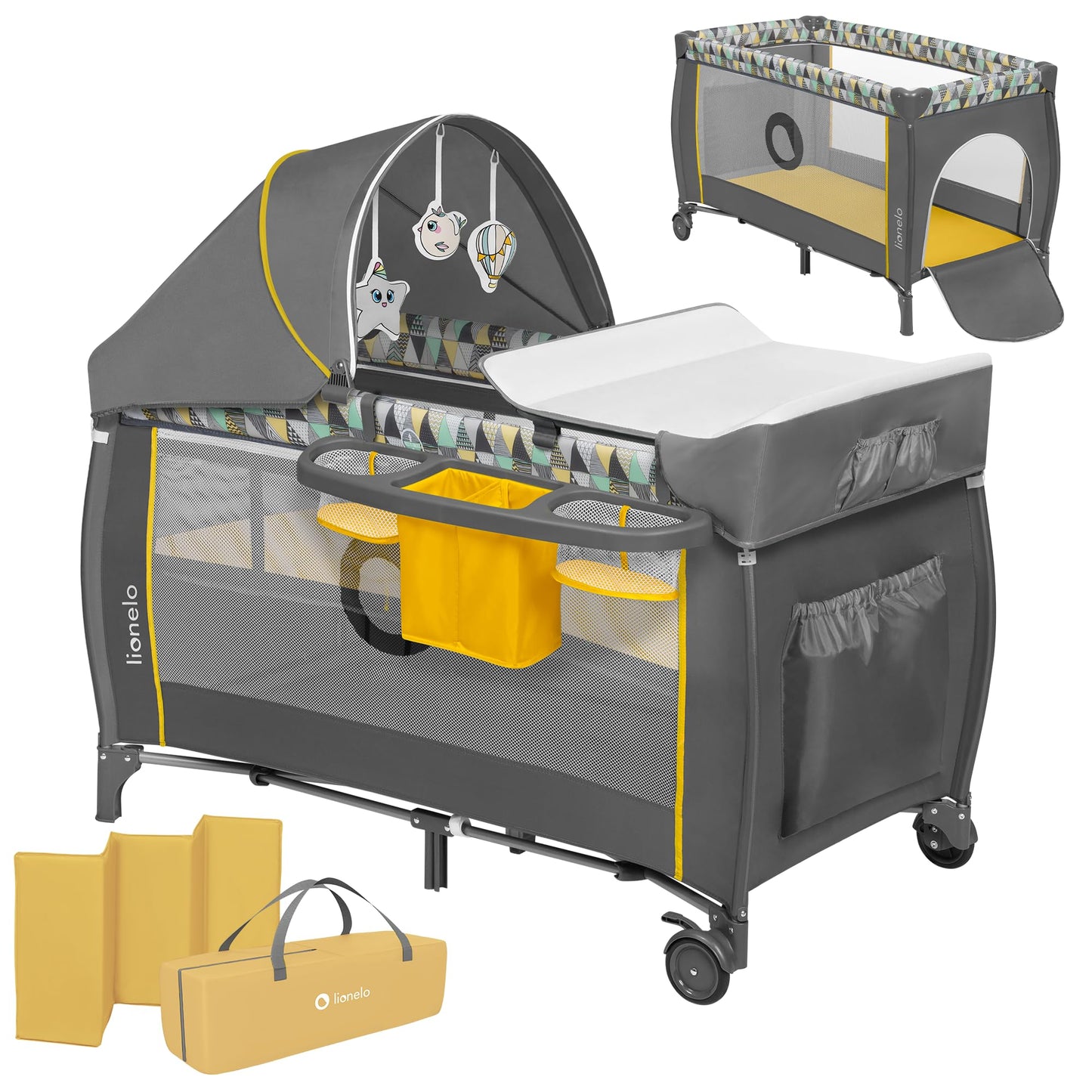 Lionelo Sven Plus 4-in-1 Baby Bed Baby from Birth to 15 kg Changing Mat Mosquito Net Airy Side Walls with Side Entrance Carry Bag Foldable