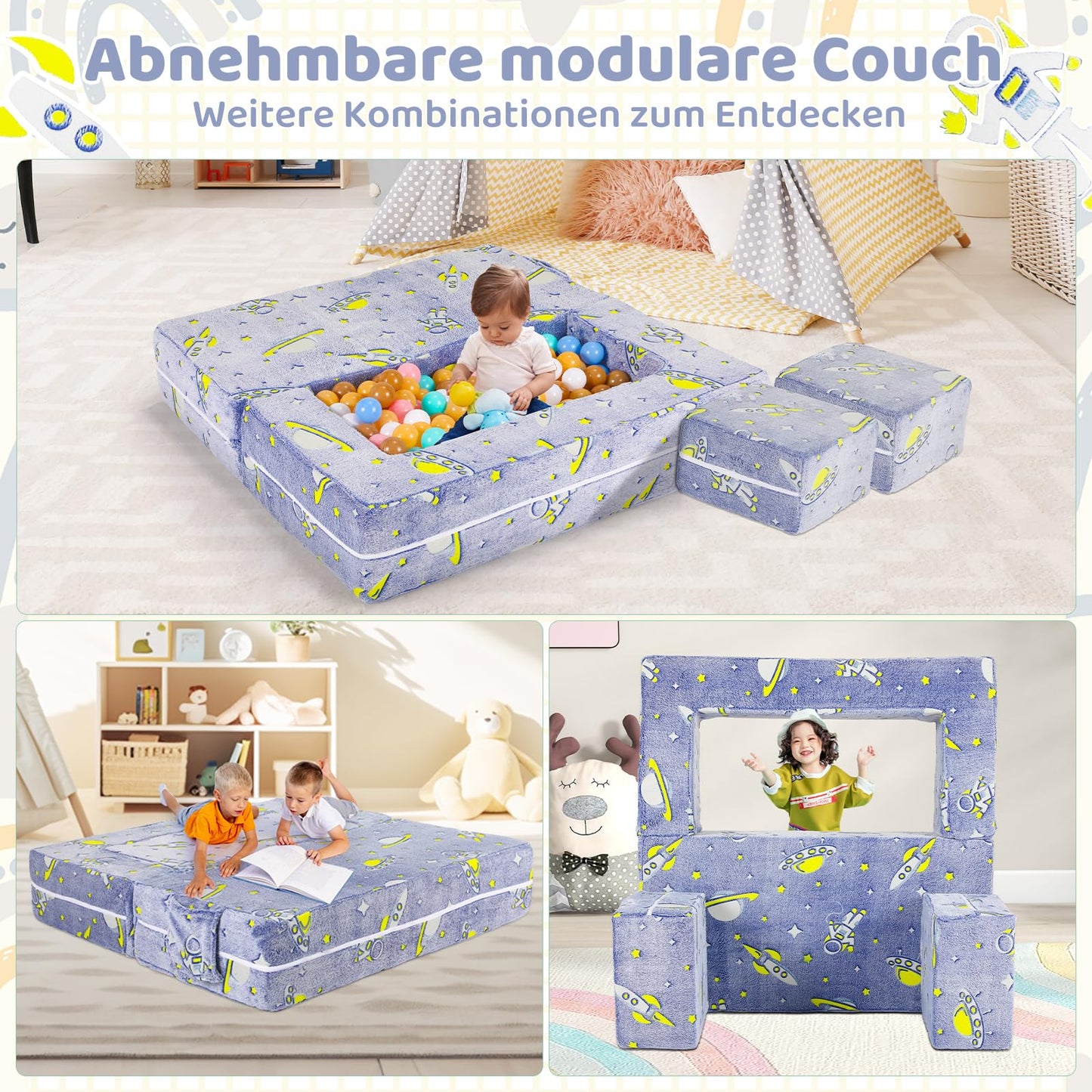Children's Sofa Fold-Out 2-in-1 Toddler Sofa Bed, Children's Chair with Sleep Function, Mini Couch for Cuddly Corner Children's Room, Fancy Play Sofa for Girls and Boys, Glow in the Dark (Purple)