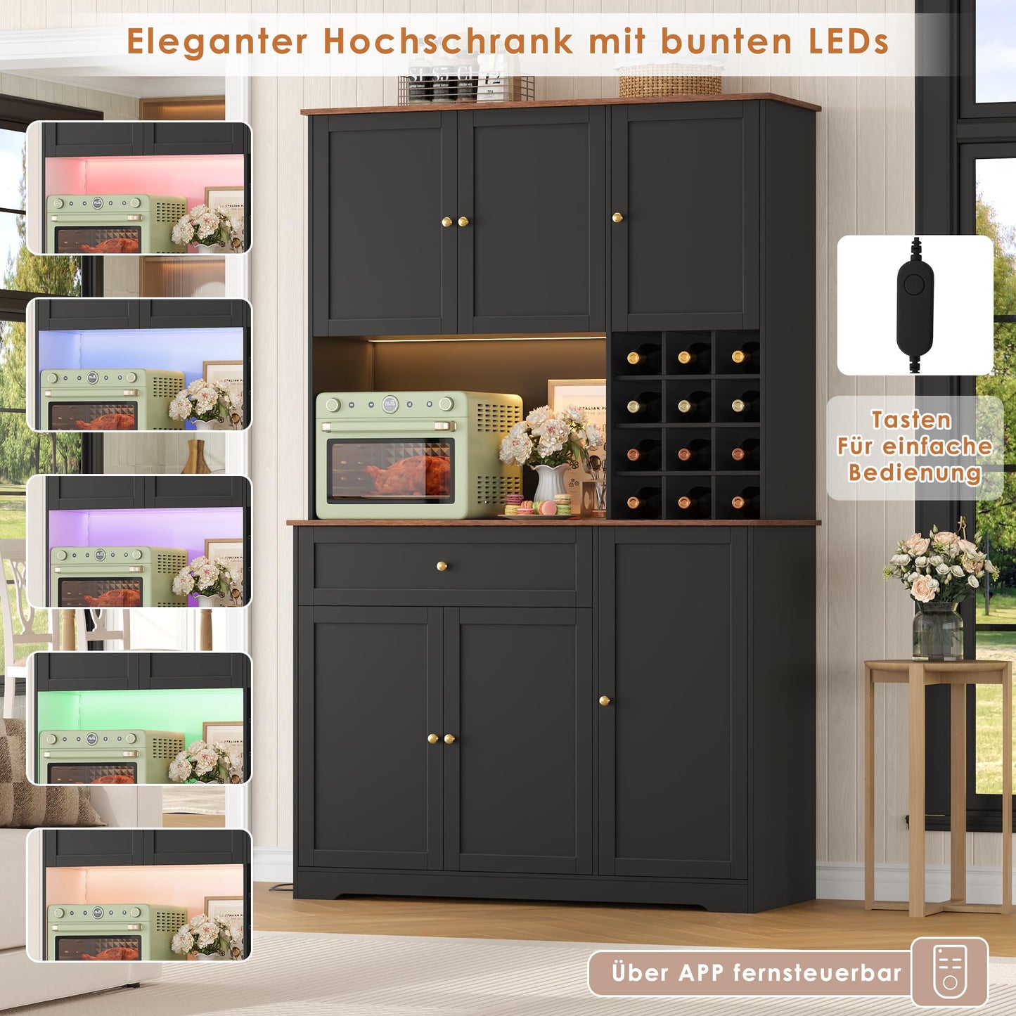 FirFurd Kitchen Cabinet 180 cm Buffet Cabinet with LED Sideboard for Kitchen with Power Strip Kitchen Cabinet with Worktop and Wine Rack for 12 Bottles Kitchen Buffet Kitchen Furniture 180 x 100 x 39