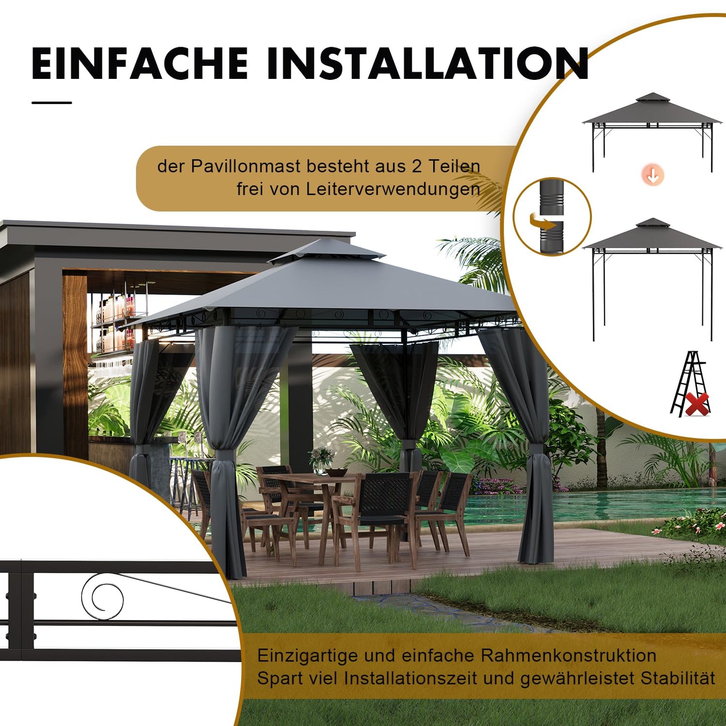 Gazebo 3 x 3 Waterproof Stable Winterproof, Garden Gazebo, Tarpaulin, Garden Gazebo, Metal Frame Gazebo, Grey