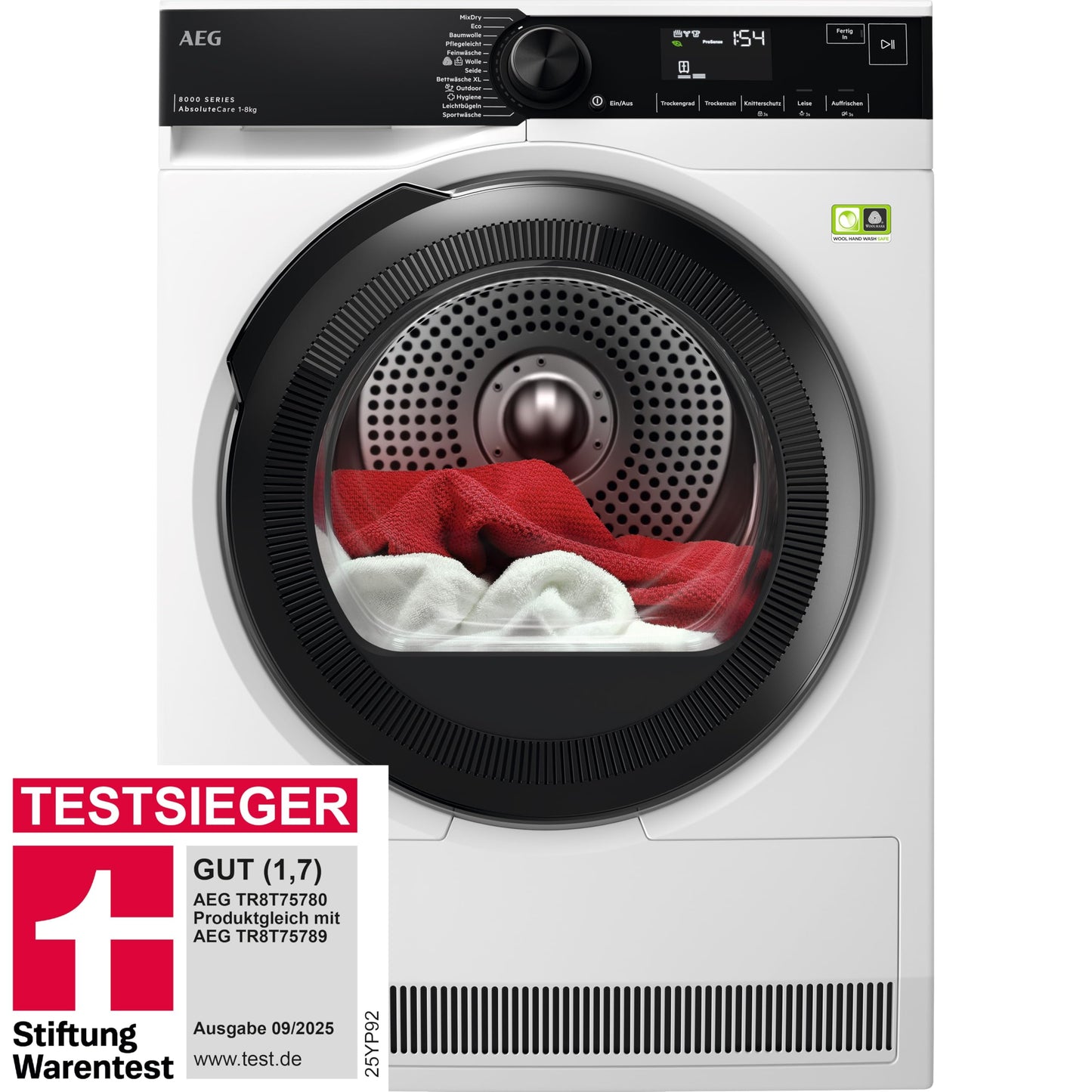 AEG Heat Pump Dryer 8 kg, Test Winner of Stiftung Warentest, Series 8000 AbsoluteCare - Wool and Silk Drying, C, Energy Saving, Drum Lighting, Wrinkle Protection, Gentle Drum, TR8AMZ68