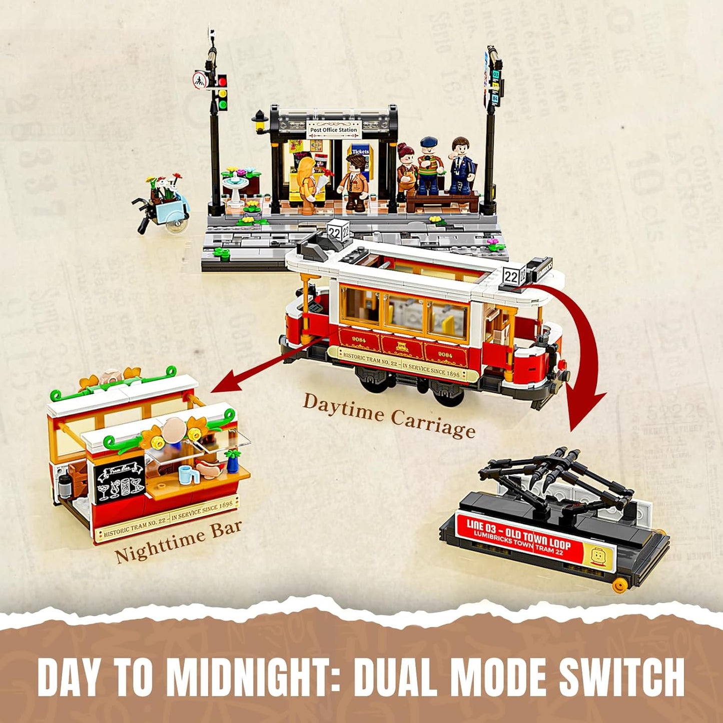 Lumibricks Heritage Tram and Stop Kit with Light, 1274Pcs, L9084