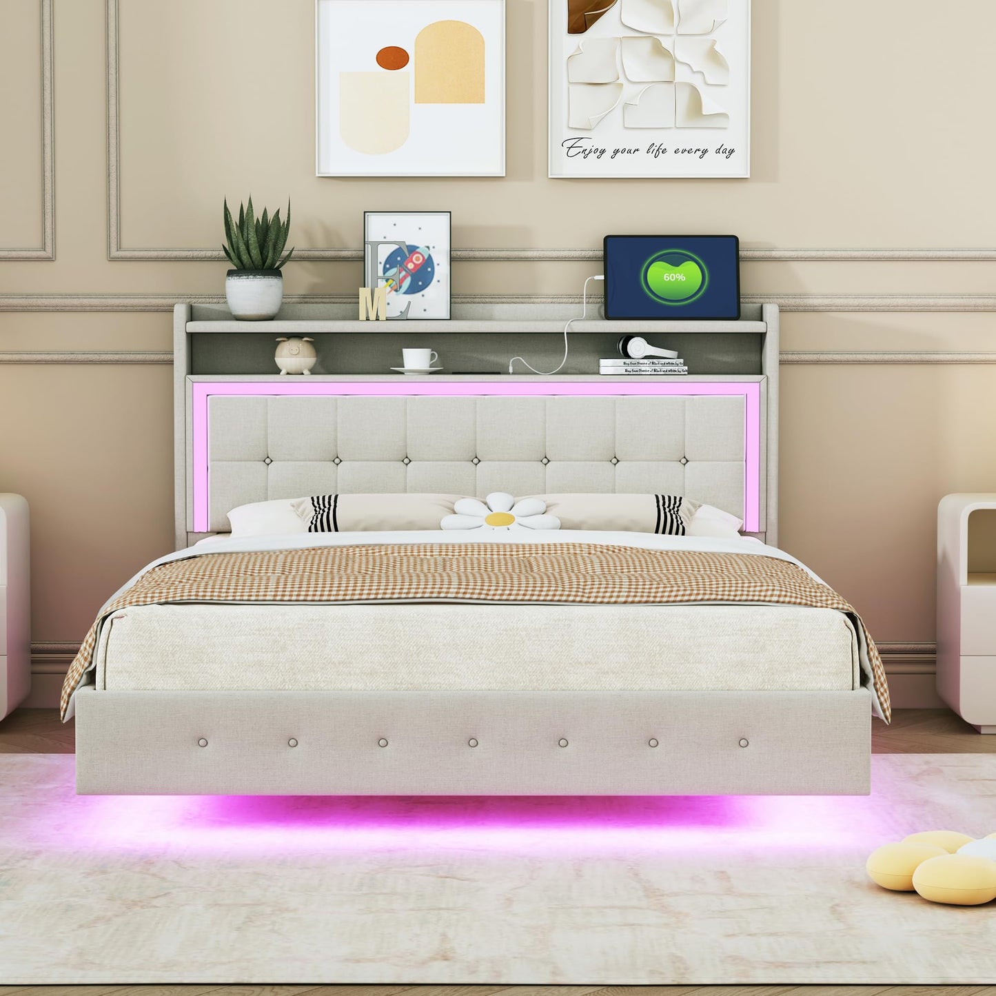 Polsterbett Doppelbett 140x200 cm mit LED-Beleuchtung und USB-Ladeanschluss, Bett mit Stauraumkopfteil, Stauraumbett mit Metallrahmen und Lattenrost aus Holz, Leinen, Beige, Ohne Matratze