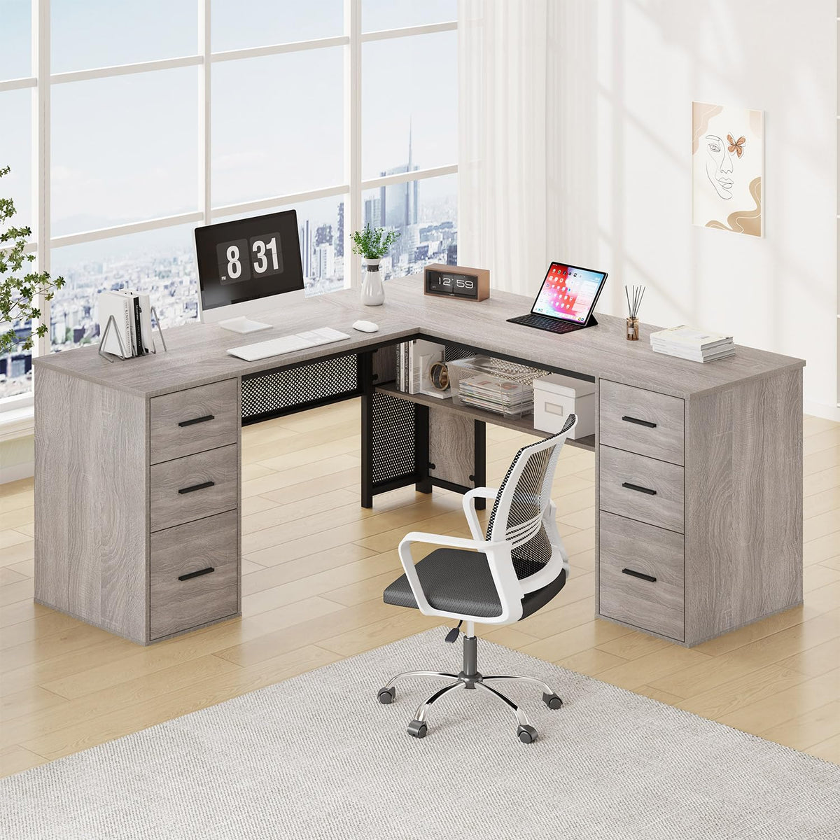 HSH L Shape Desk with Storage Space, Large Corner Desk, Computer Desk with Drawers and Shelves, Home Office, Bedroom, Metal, Wood Desks, Light Grey Oak, 150 cm