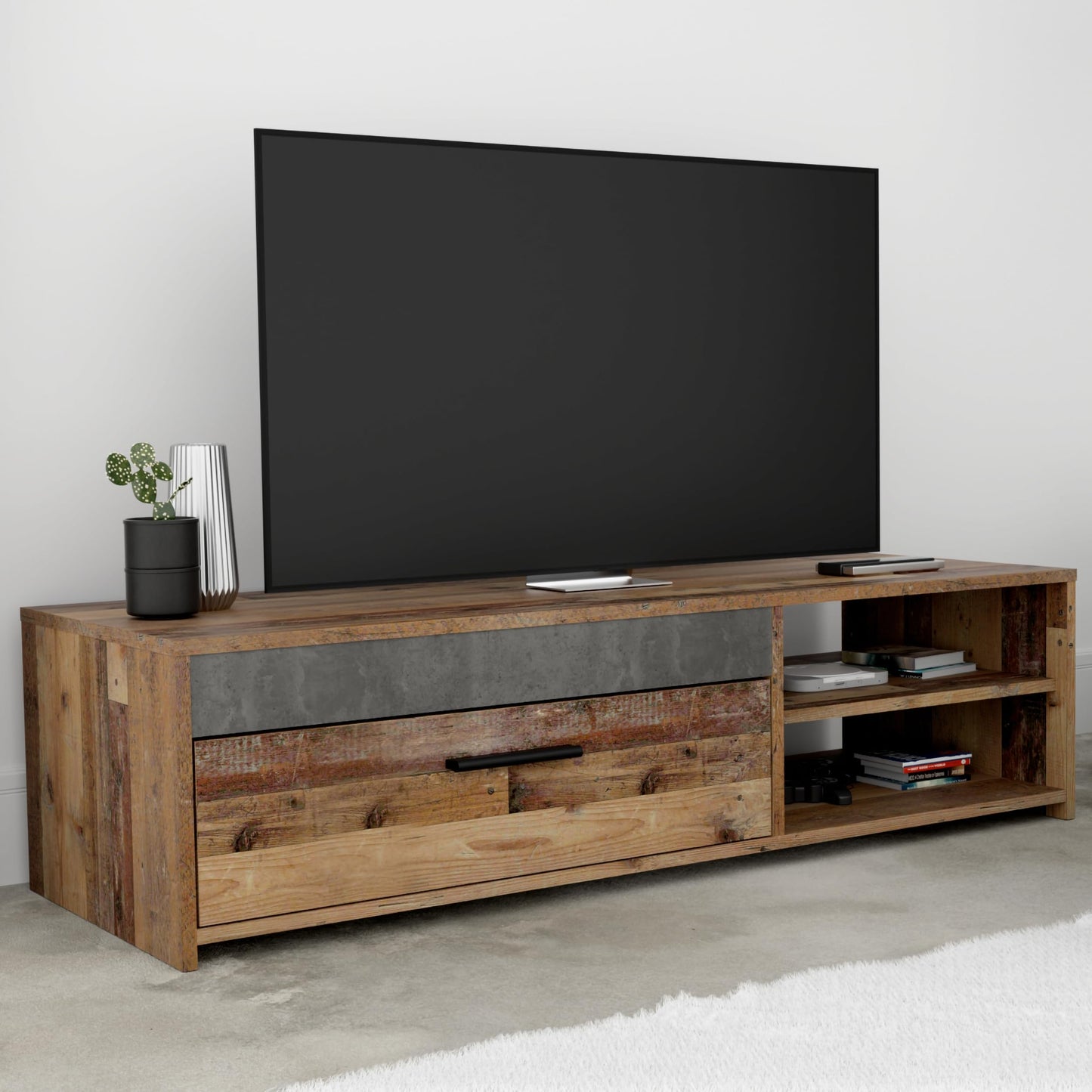 Forte TREBBIA TV Cabinet 150 160 Modern Cabinet with 2 Drawers Lowboard TV Rack Wood Composite Concrete Look Dark Grey/White High Gloss 152.7 cm Wide x 46.7 cm High x 51.7 cm Deep