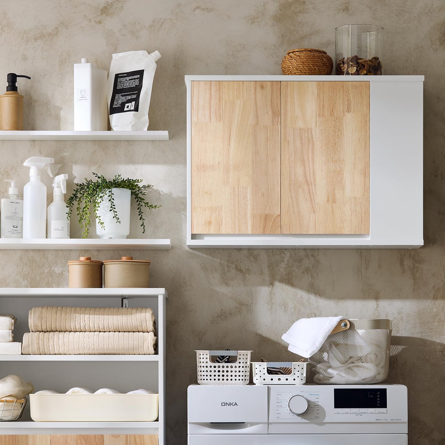 SoBuy BZR75-W Vanity Unit Bathroom Furniture - Bathroom Cabinet with Siphon Cut-Out, 2 Doors & 2 Open Compartments - Space-Saving Vanity Unit, White / Natural 60 x 60 x 29 cm