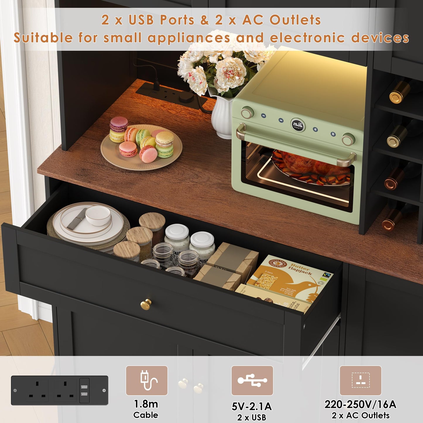 FirFurd Kitchen Cabinet 180 cm Buffet Cabinet with LED Sideboard for Kitchen with Power Strip Kitchen Cabinet with Worktop and Wine Rack for 12 Bottles Kitchen Buffet Kitchen Furniture 180 x 100 x 39