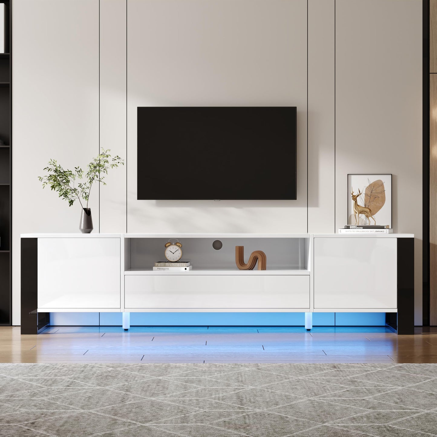TV Cabinet, TV Stand with 2 Lockers, 200 cm Long, Adjustable Shelves, High Gloss LED TV Lowboard for Living Room Furniture and Dining Room, Bedroom