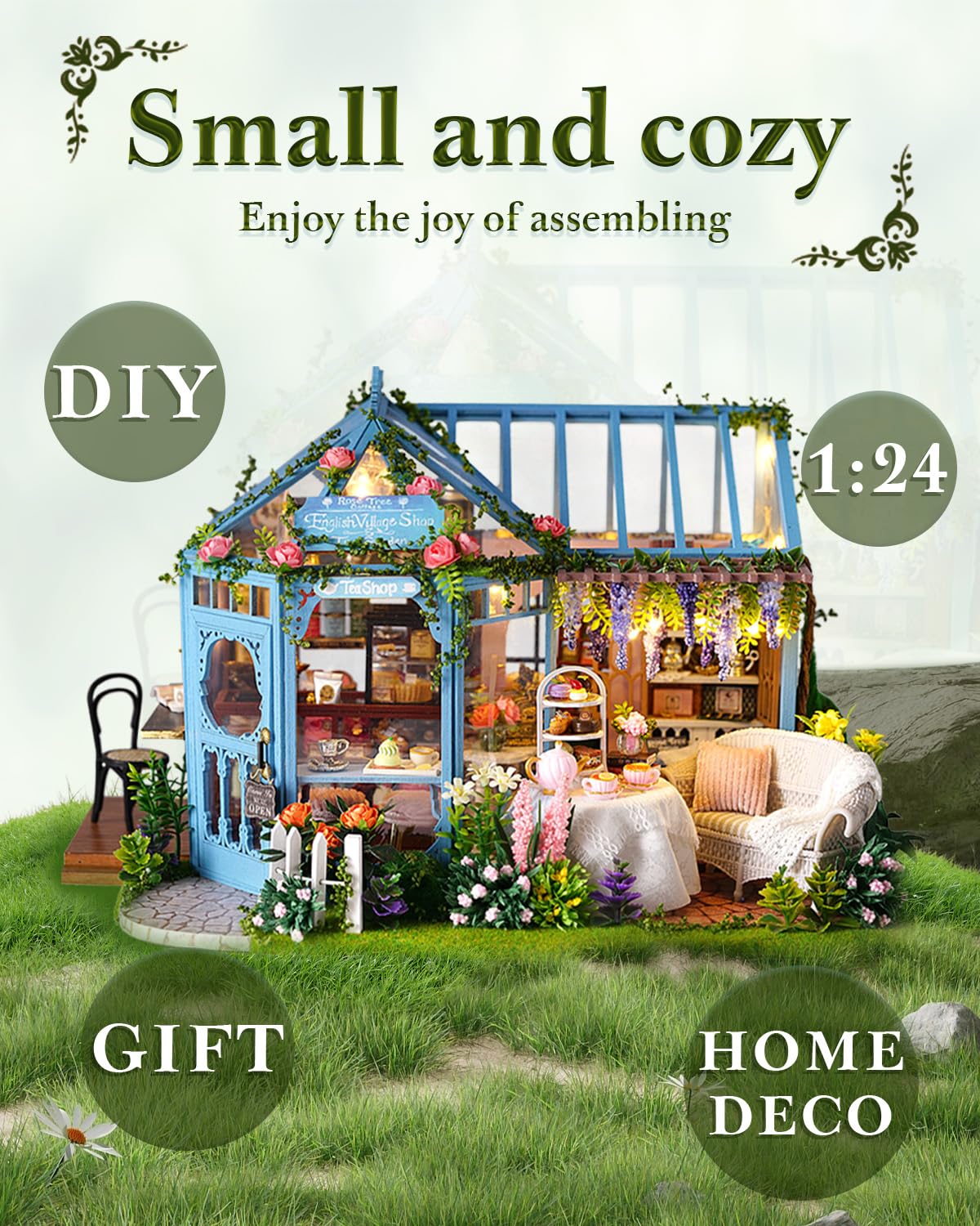 Endless Limit DIY Miniatur Haus Bausatz für Erwachsene,Puppenhaus Gewächshaus mit LED Licht,3D Puzzle Buchstütze aus Holz Modellbausatz Bastelset Bücherregal Deko Geschenken (Rose Garden Tea House)