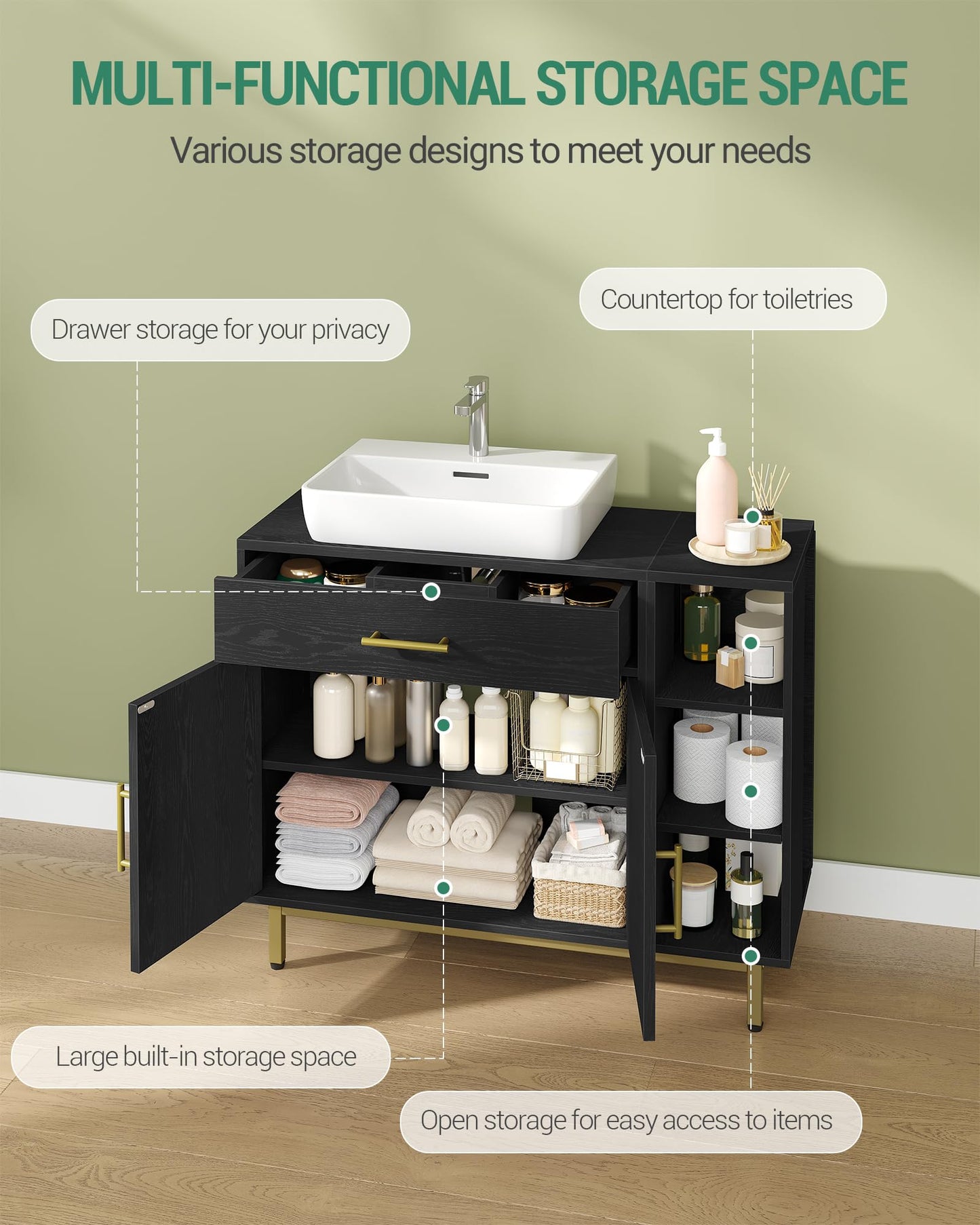 Hzuaneri BC28813G Bathroom Cabinet 1 Drawer 2 Cabinet Doors Open Compartment with 3 Levels Adjustable Shelf White 30 x 80 x 64 cm