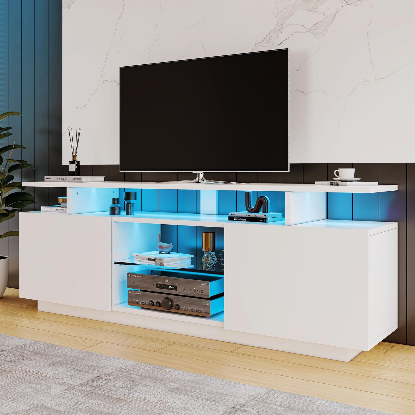 TV Cabinet, TV Stand with 2 Lockers, 200 cm Long, Adjustable Shelves, High Gloss LED TV Lowboard for Living Room Furniture and Dining Room, Bedroom