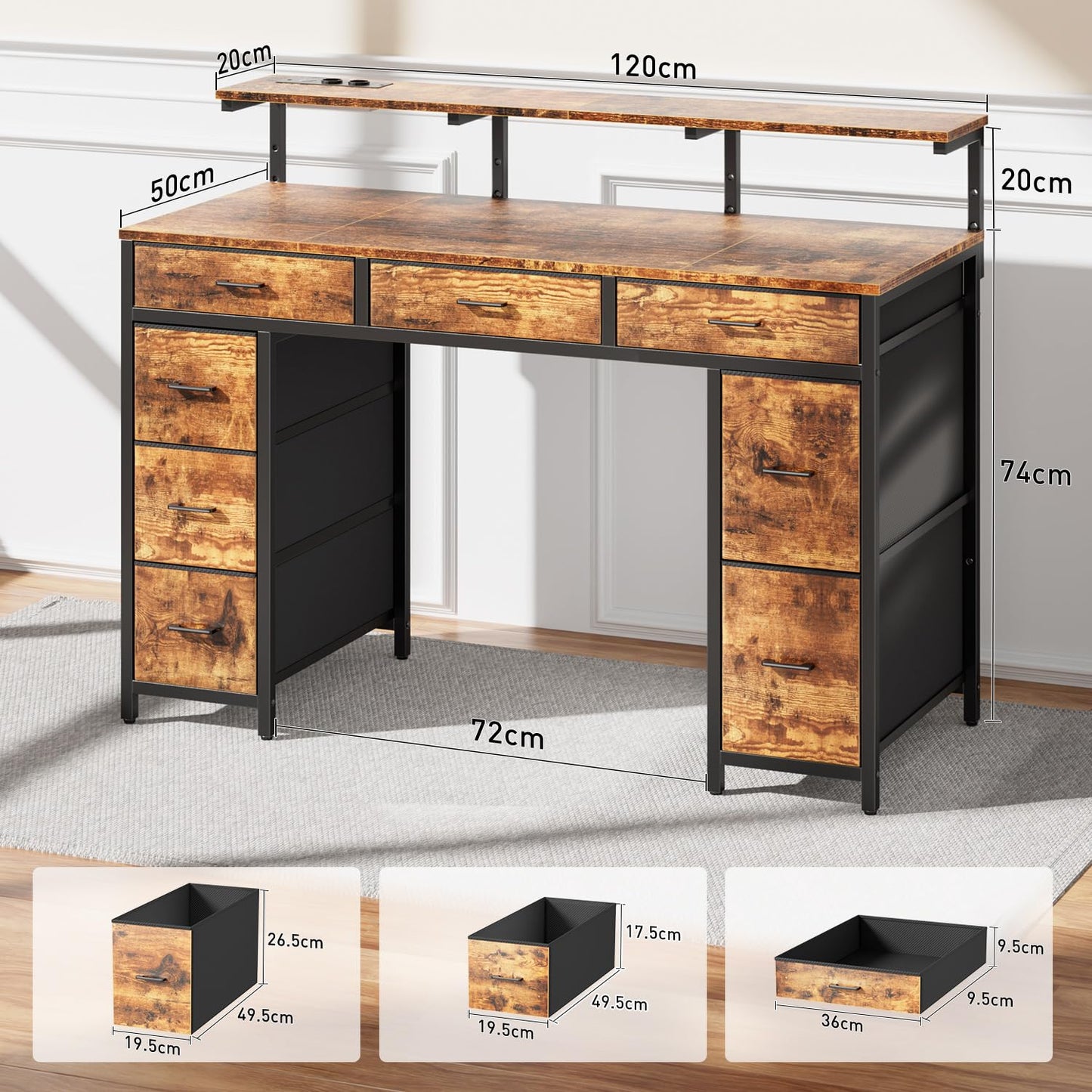 Schreibtisch mit 8 Schubladen, Computertisch mit 2 Steckdosen und 2 USB Ladeanschluss, Bürotisch mit LED und Monitorständer, PC Tisch für Büro, Wohnzimmer, 120 x 50 x 74 cm, Weiß