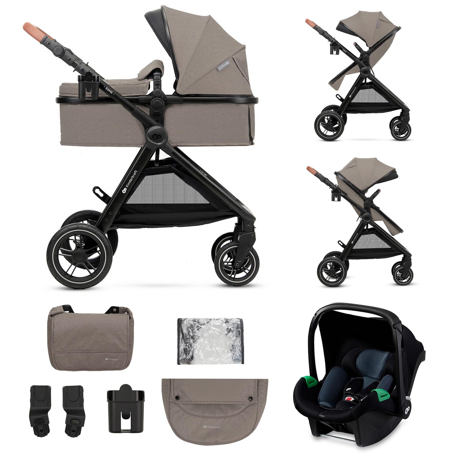 Kinderkraft ESME Pushchair 3-in-1 Complete Set up to 22 kg, Combination Pram Travel Systems with Baby Seat I-size 40-75 cm, Folding, Reclining Position, Beige