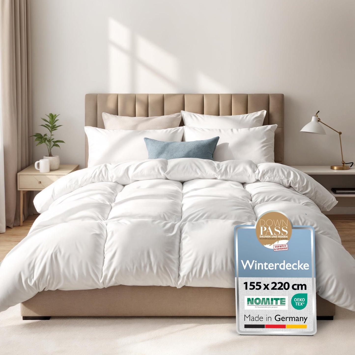 Beautissu All-Year Duvet Feather Duvet 135 x 200 cm with 100% Down and Feathers - Made in Germany - Oeko-Tex, Downpass & Nomite Certified - 100% Cotton Cover Down Duvet 135 x 200 cm Washable - GF