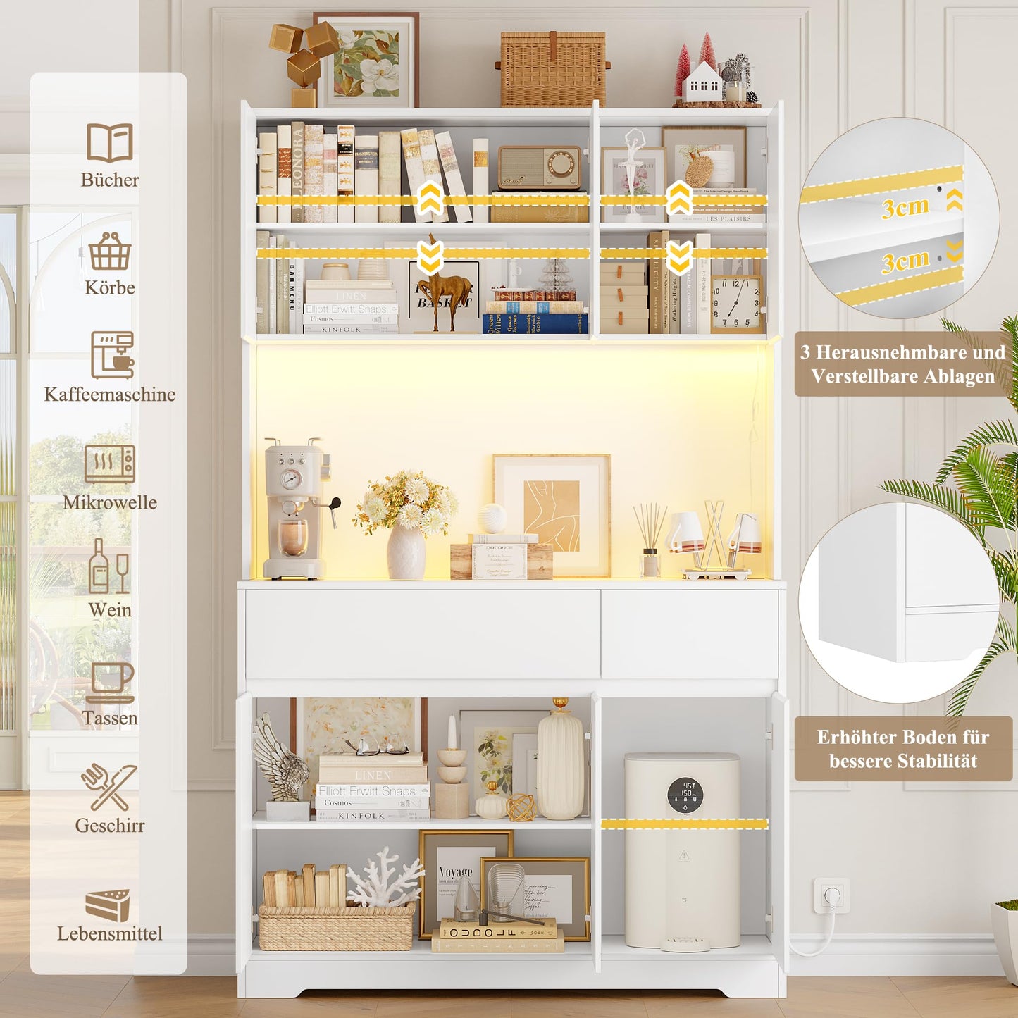 FirFurd 180 cm Kitchen Cabinet with Worktop and LED, Buffet Cabinet, Tall Cabinet with Power Strip and Adjustable Shelves, Sideboard for Kitchen, Living Room, Dining Room, 100 x 38.5 x 180 cm, White