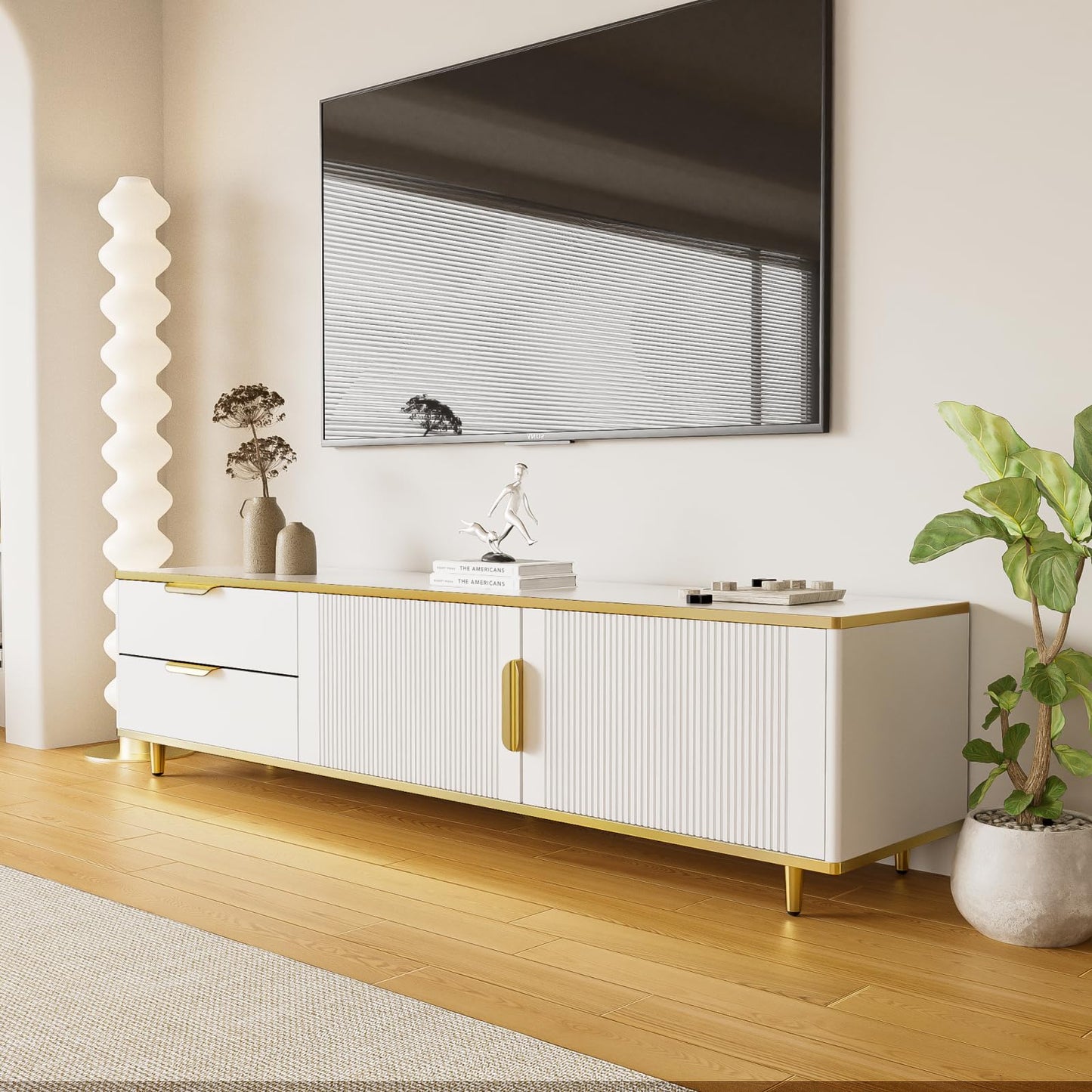 TV Cabinet with 3 Drawers, TV Table with Golden Handles and Legs, Modern TV Stand for TVs up to 75 Inches, Rounded Corners, TV Cabinet for Living Room, 174 x 35 x 41 cm, White