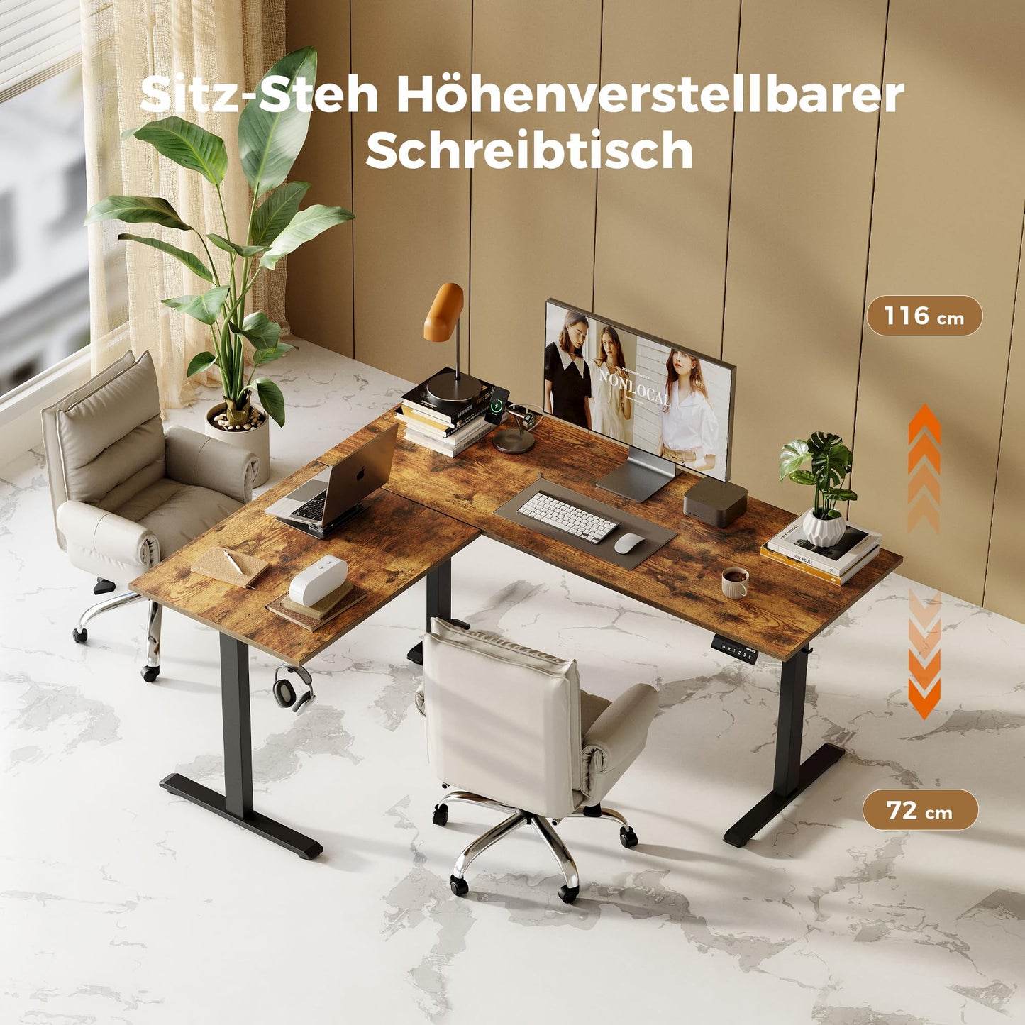 Agilestic L-Shaped Height-Adjustable Desk, 160 x 140 cm Desk, Height Adjustable, Electric, Corner Desk, Ergonomic Standing Seat Table, Computer Desk, White