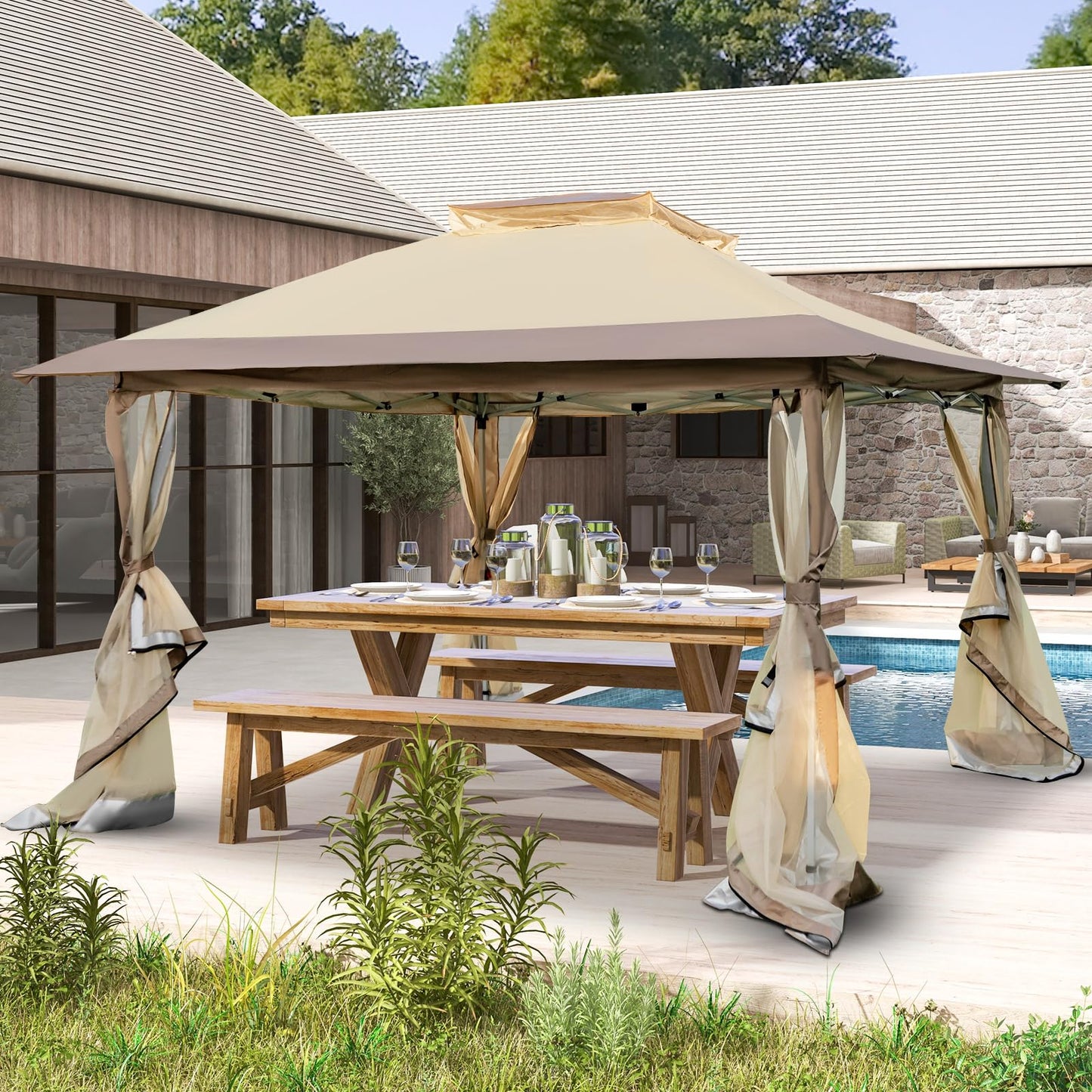 COSTWAY Folding Gazebo 4 x 4 m, Pop Up Gazebo with Wheels and Carry Bag, Waterproof, UV Protection 50+, Party Tent, Garden Gazebo for Garden, Party, Wedding and Festival