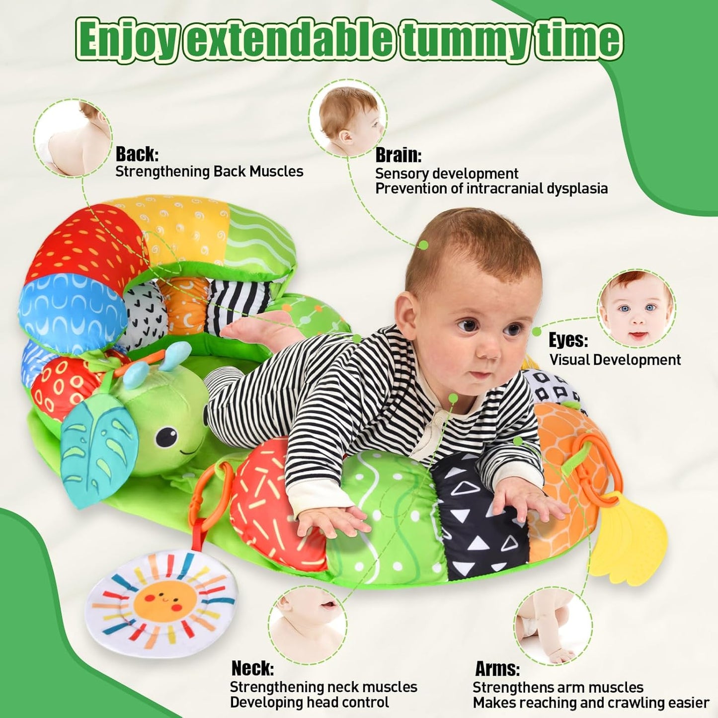 Charmofun Tummy Time Toys Spielkissen, 3 in 1 Bauchlage Spielzeug Baby, Abnehmbar Raupe für Baby, Bauchlage Helfen Sitzen Stützen Babyspielzeug 3 6 9 Monate mit Rassel, Beißring, Spiegel
