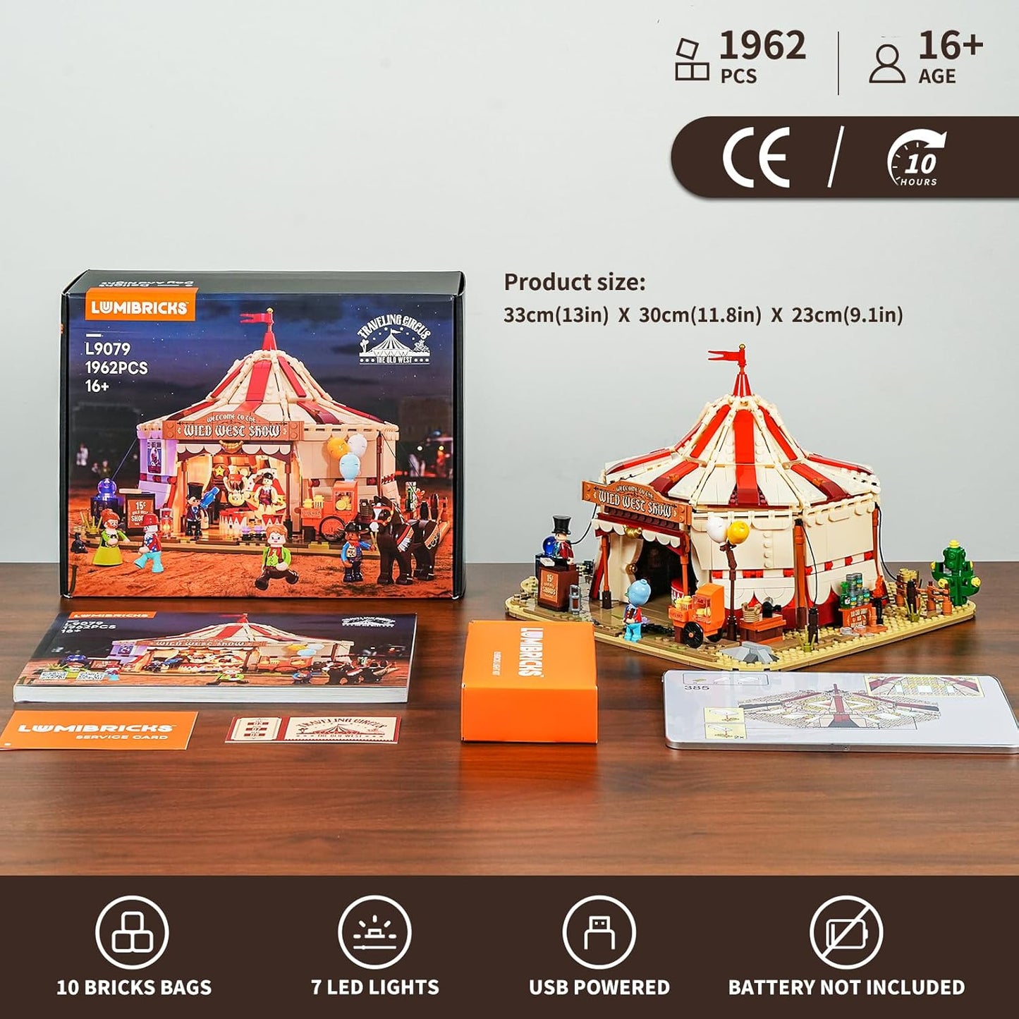 Lumibricks Traveling Circus Bauset mit Licht – 1962 Teile Zirkuszelt mit LED & Minifiguren – Modularer Jahrmarkt für Erwachsene, Westernfans & Freizeitpark-Sammler