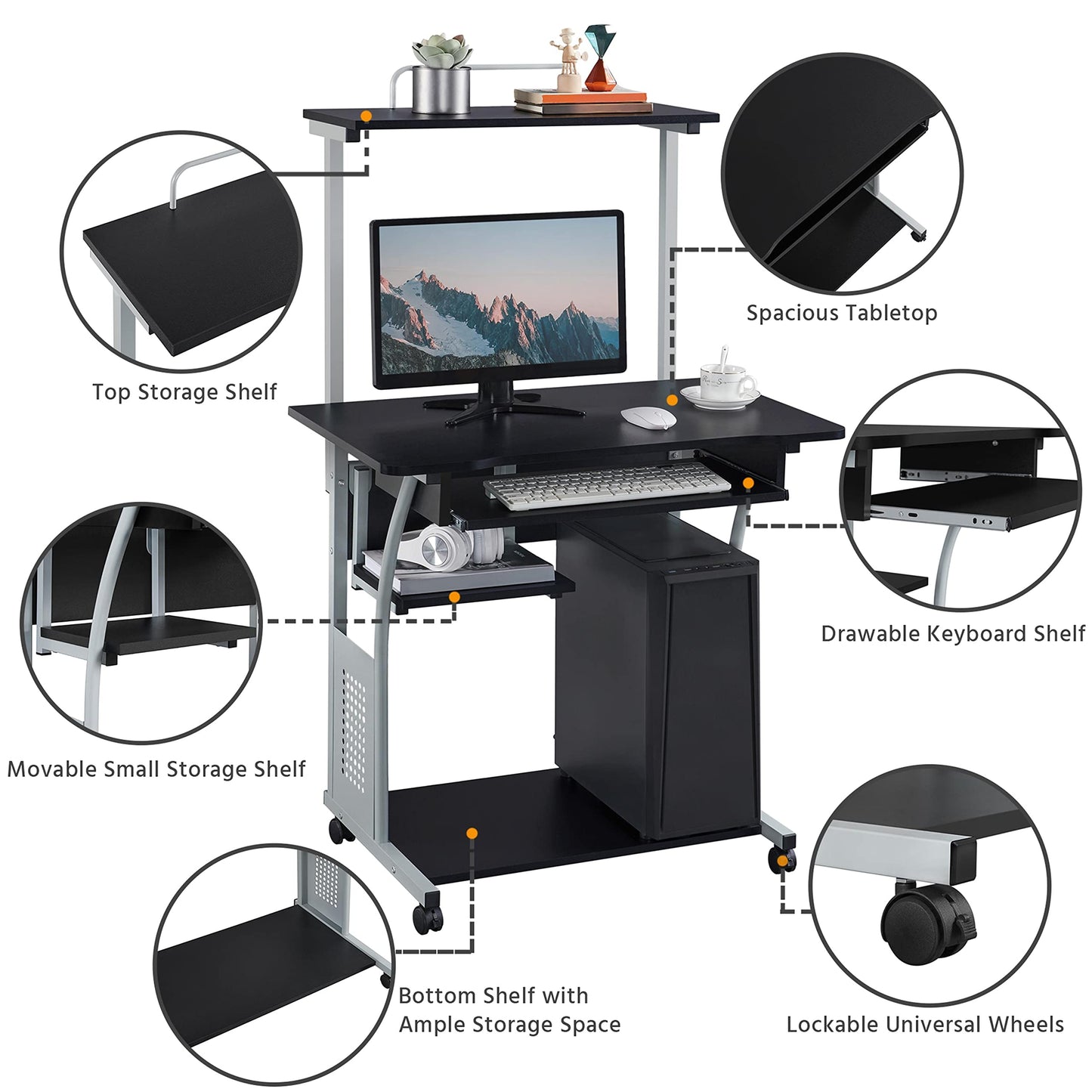 Yaheetech Desk with Printer Shelf Computer Desk Black PC Table with 4 Wheels 80 x 50 x 132 cm