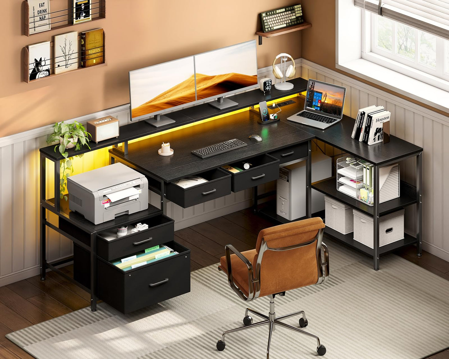 Coleshome L Shape Desk with Drawers, 195 x 100 cm Gaming Table with Socket, LED & Monitor Stand, Reversible Corner Desk with Storage Space, Computer Desk with Shelf for Office, Black