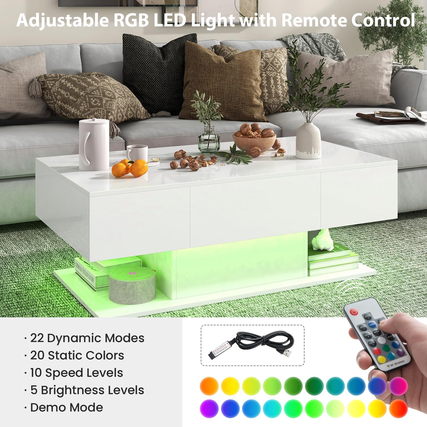 LIFEZEAL Coffee Table LED Lighting, Living Room Table High Gloss with Light Bar and Remote Control, Modern Sofa Table with 2 Drawers, Coffee Table for Living Room, Office (White)