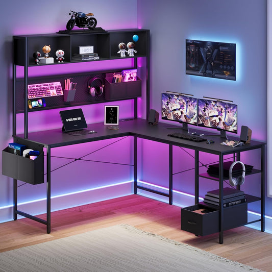 Dowinx LED Gaming Table, L-Shaped Desk with Pegboard and Storage Space, Reversible Computer Desk with Sockets and USB, Office Corner Desk for Home Game, Grey, 120 x 148 cm
