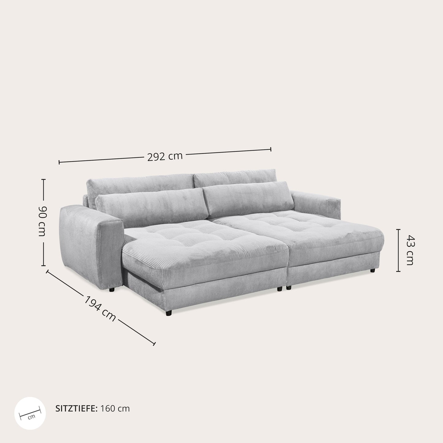 Barura Big Sofa in Corduroy Look, Ash - Comfortable Living Room Couch with Large Lying Surface - 292 x 90 (74) х 194 cm (W x H x D)