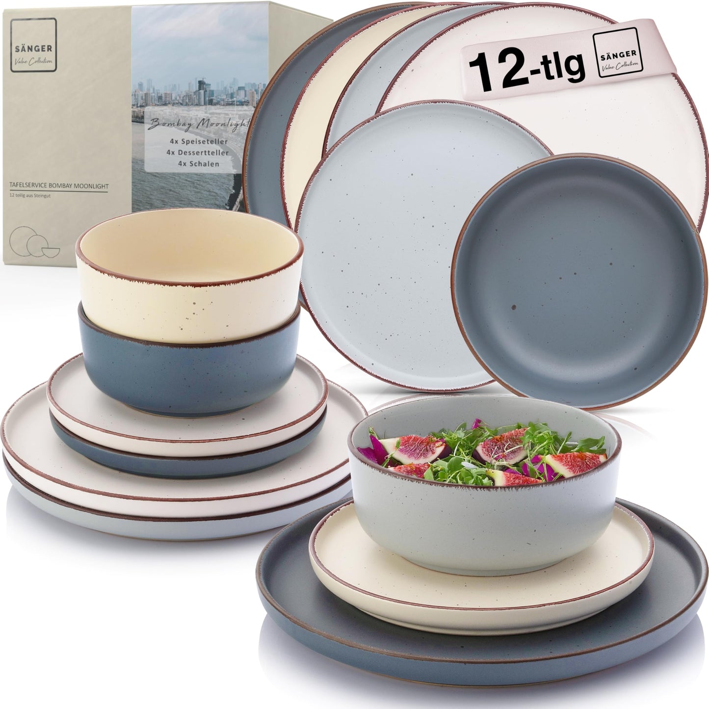 SÄNGER Bombay Seabed Crockery Service 20 Pieces, Stoneware Crockery for 4 People, 4 x Dinner Plates, 4 x Dessert Plates, 4 x Bowls, 4 x Pasta Plates, 4 x Coffee Mugs, Plate Set Colourful Value