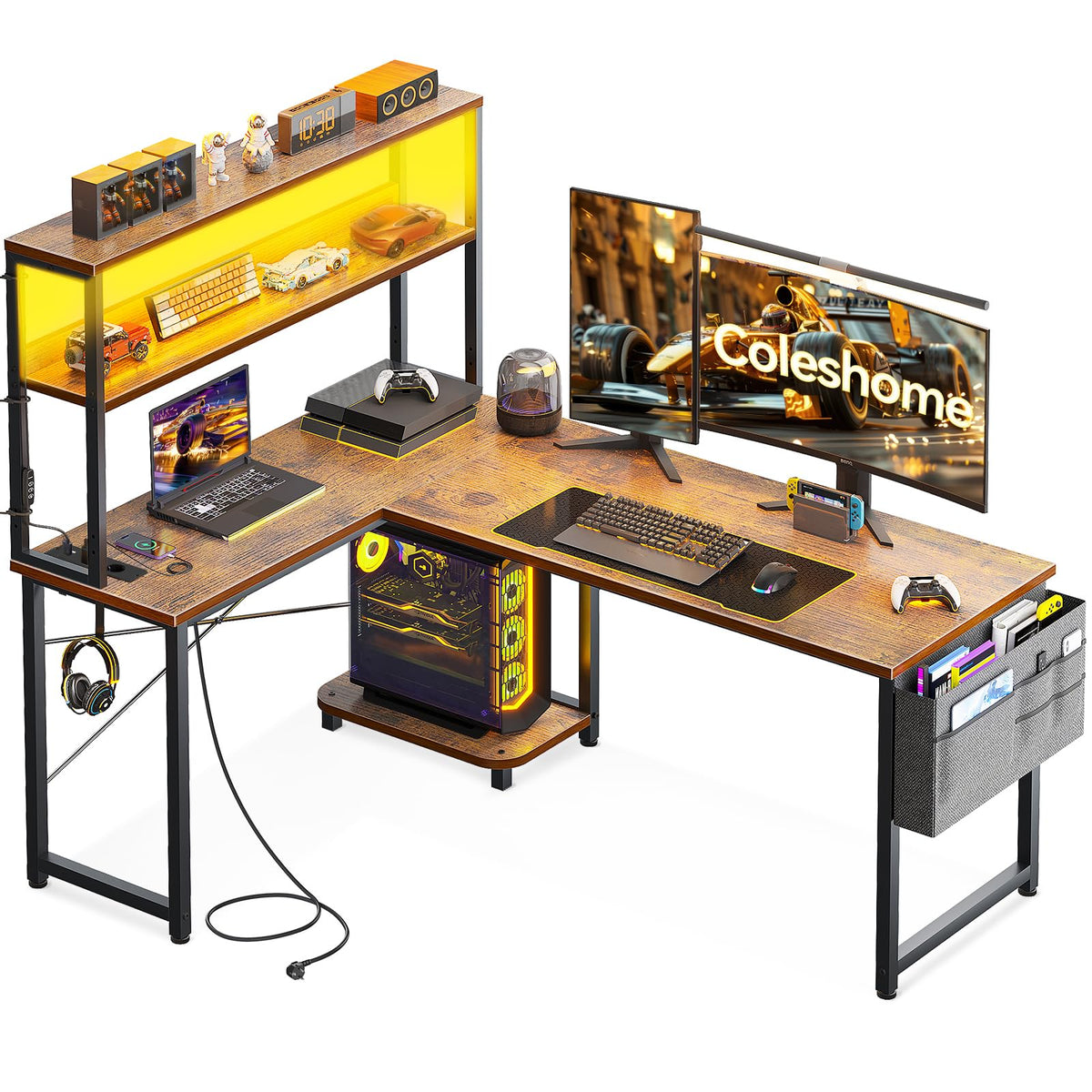 Coleshome Gaming Table L Shape with LED & Sockets, 135 × 100 cm Reversible Gaming Desk with Storage Shelves, Corner Desk with Storage Bag for Home Office and Gaming, Black