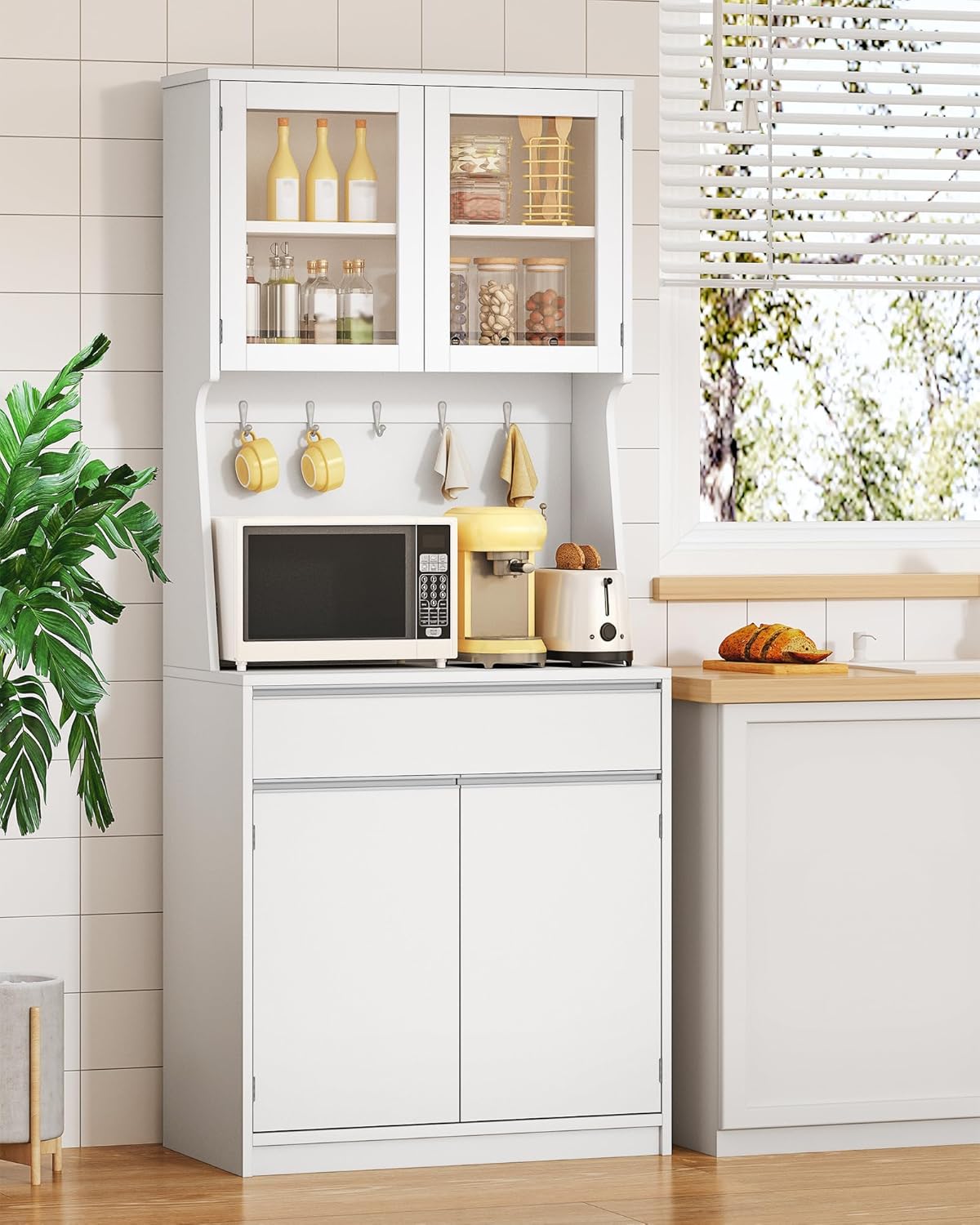 Hzuaneri PT40003X Kitchen Cabinets, Buffet Cabinet, Tall Cabinet with Worktop and 4 Storage Compartments, Adjustable Shelves, Suitable for Kitchen or Living Room, 40 × 75 × 180 cm, Hemp White