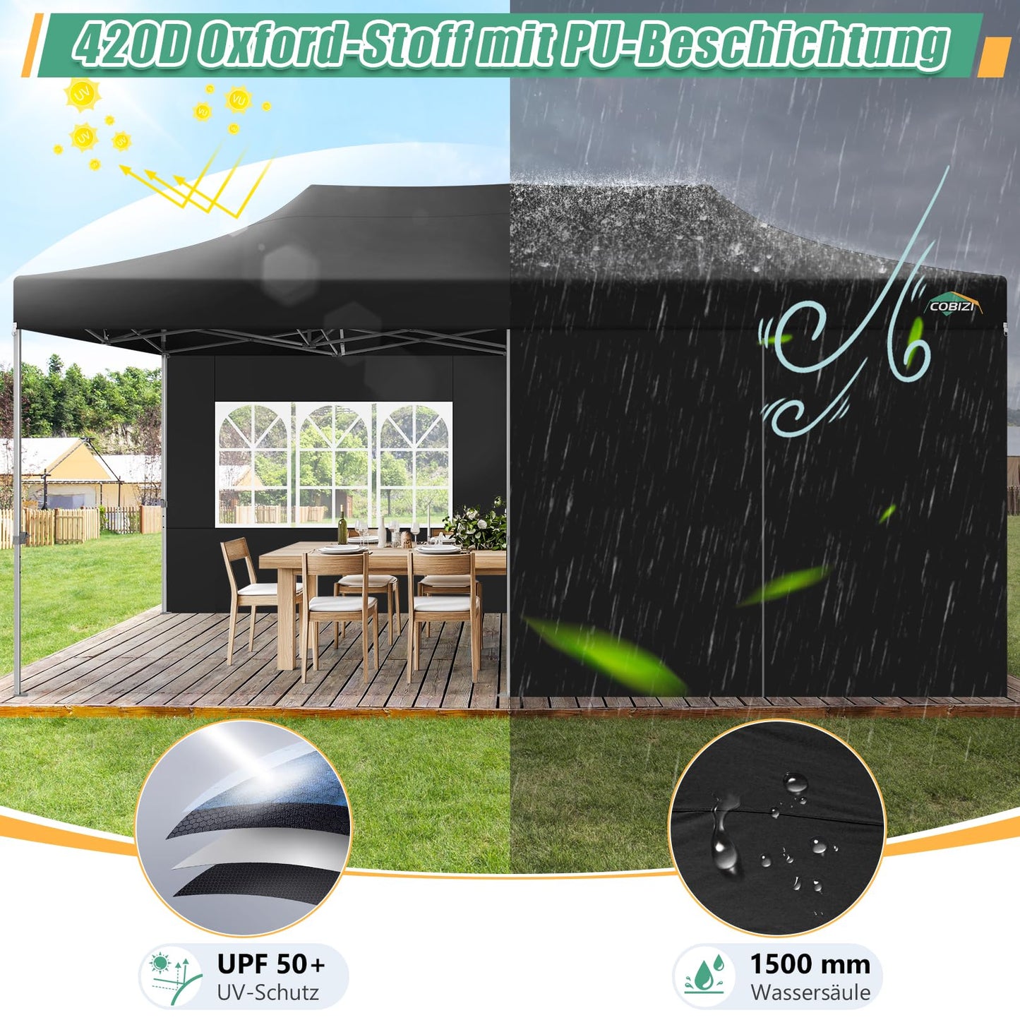 COBIZI Pavillon Faltpavillon 3x3 wasserdicht stabil Winterfest,Outdoor faltbar partyzelt，gartenpavillon mit 4 Seitenteilen und 4 Sandsack und Laufradtasche, Schwarz