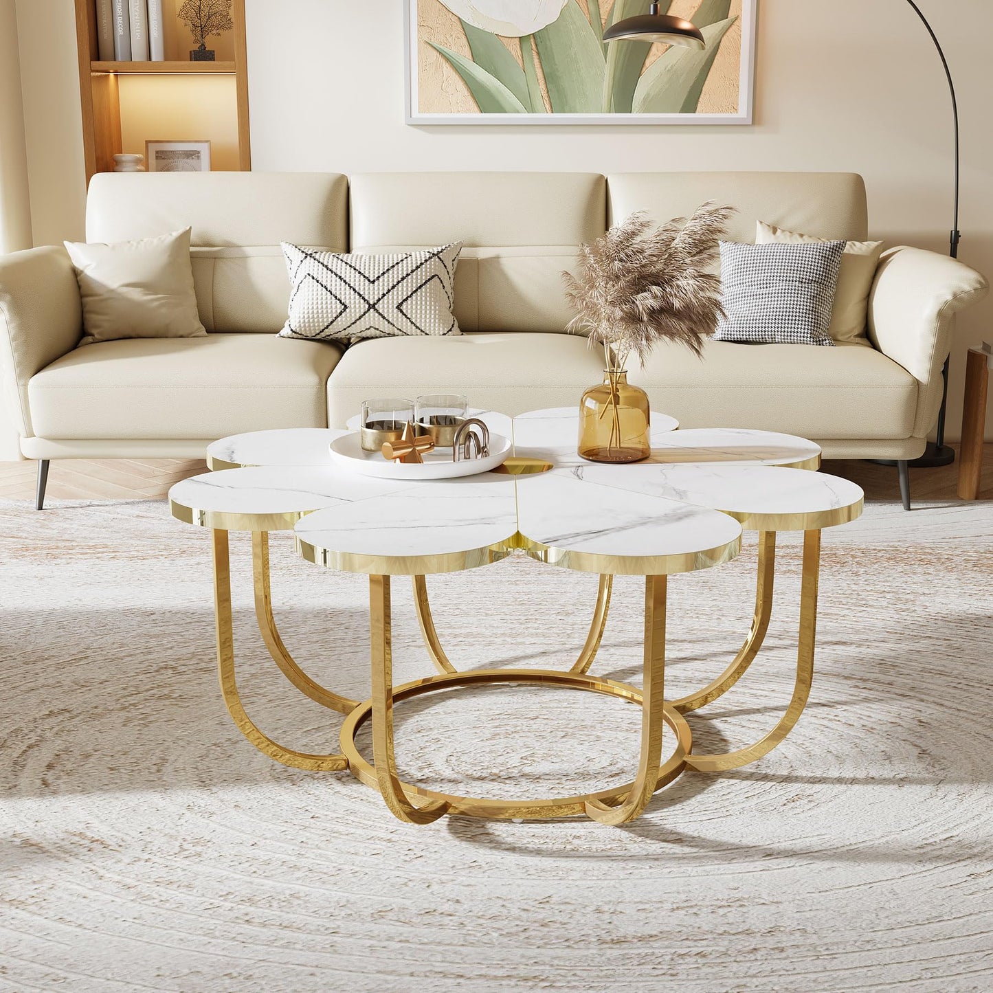 Tribesigns Coffee Table in White and Gold, Modern Coffee Table in Flower Shape with Faux Marble Top 100 cm Large Floral Accent Table with Metal Frame, Living Room Table, Sofa Table for Living Room