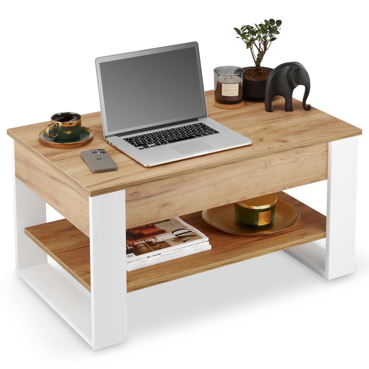 Coffee Table Height Adjustable with Storage Space Living Room Table Foldable Height-Adjustable Coffee Table Extendable Living Room Table Oak (White + Oak)