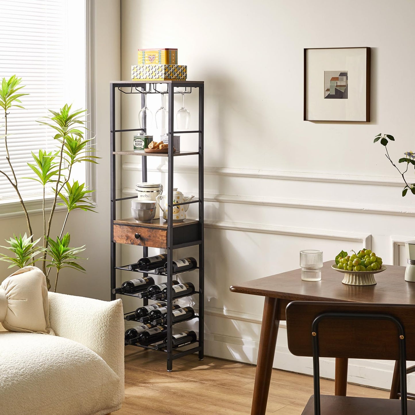 IBUYKE TMJ905H Wine Rack, 4-Layer Freestanding Wine Rack with Glass Holder and Drawer, 16 Bottle Rack, Countertop Wine Rack with Table Top Shelf, for Kitchen, Bar, Dining Room, Vintage Brown