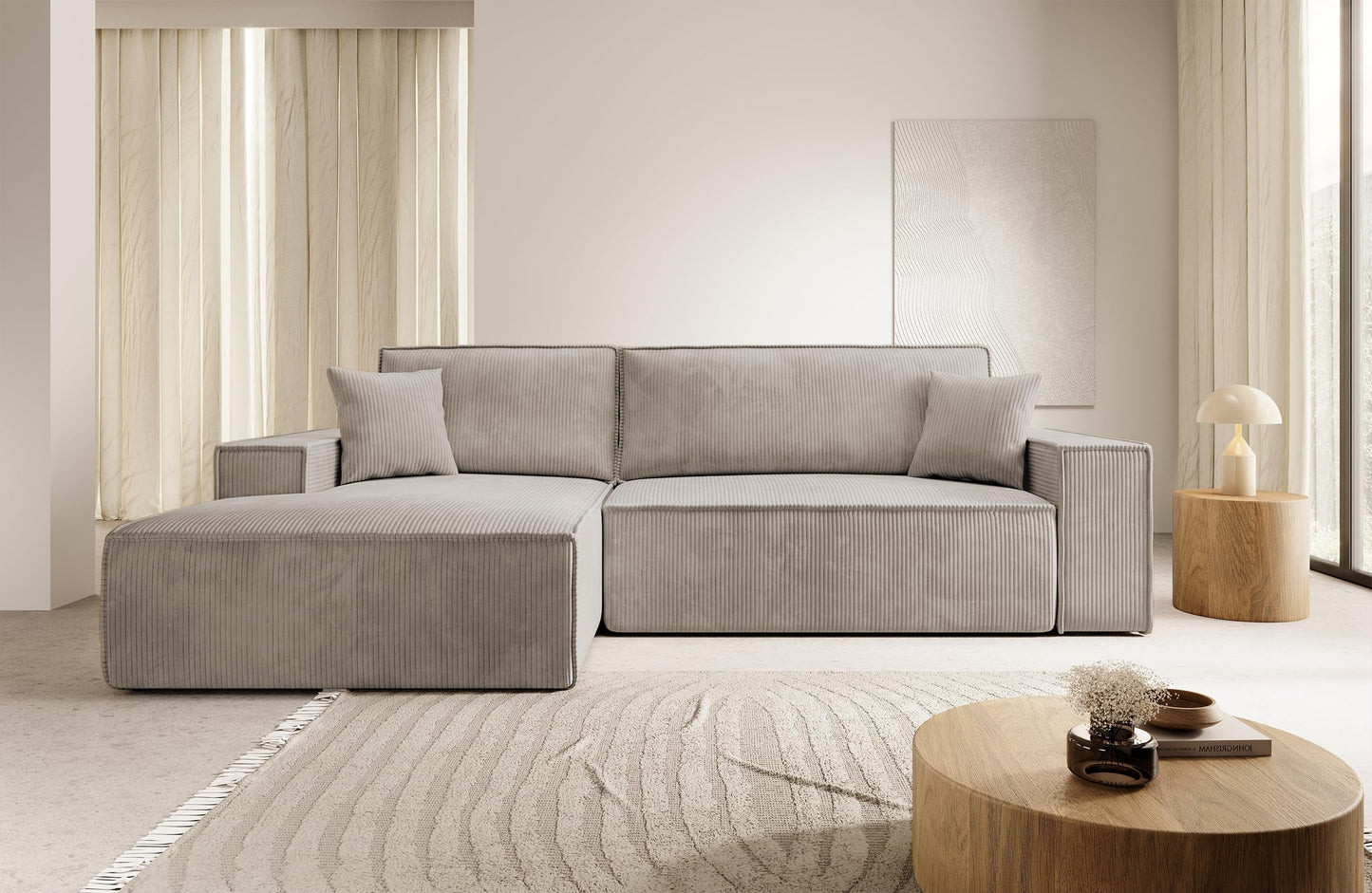 Selsey Sofa Corner Sofa Bed Couch with Storage Space Sleep Function Easy Care Polyurethane Foam L Shape Right Farese Beige Corduroy Look