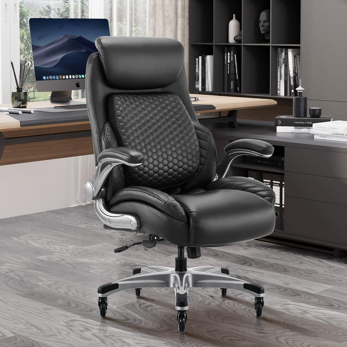 COLAMY Leather Executive Chair - Ergonomic, Extra Wide Seat with Pocket Spring Core, Maximum Load 136 kg, Breathable & Comfortable for Home Office (Black)