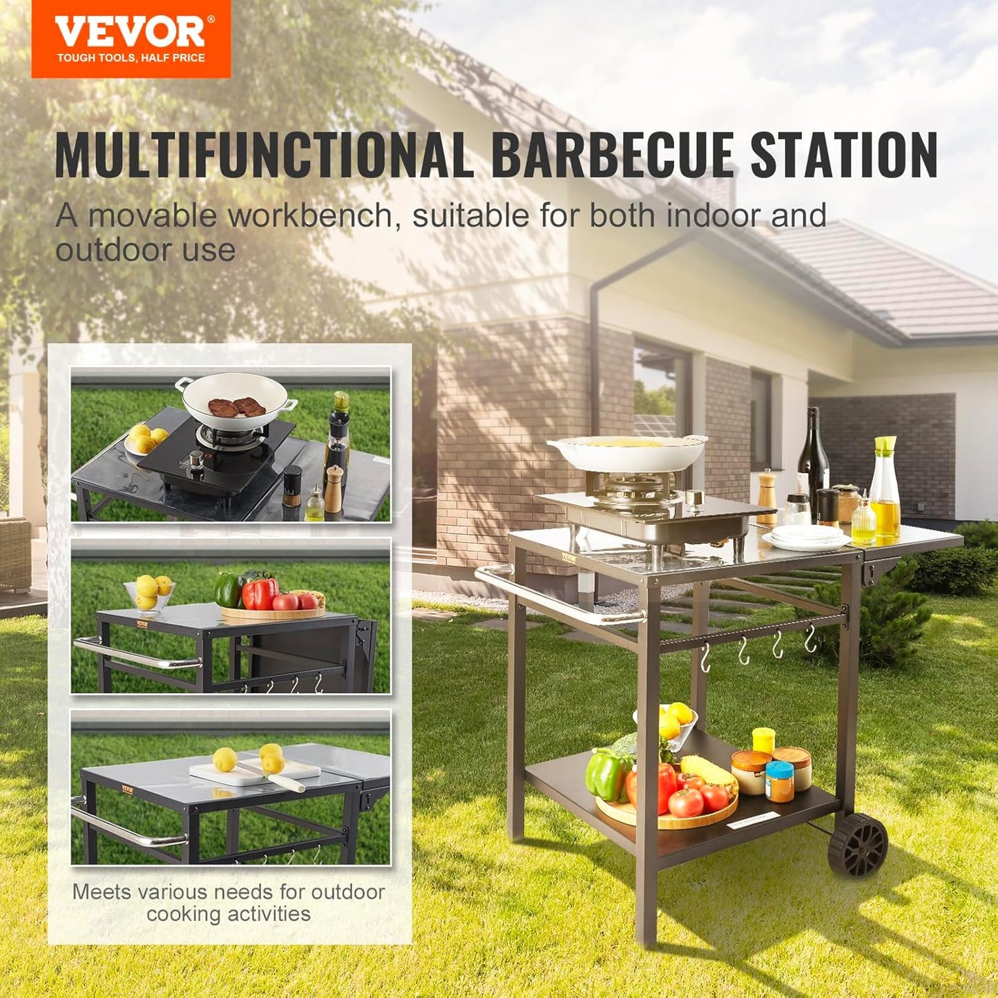VEVOR Barbecue Trolley, Kitchen Trolley, 97.2 x 64 x 75.5 cm, Outdoor Serving Trolley with Double Shelf, Movable Grill Table for Preparing Food, Multifunctional Iron Table Top, Black