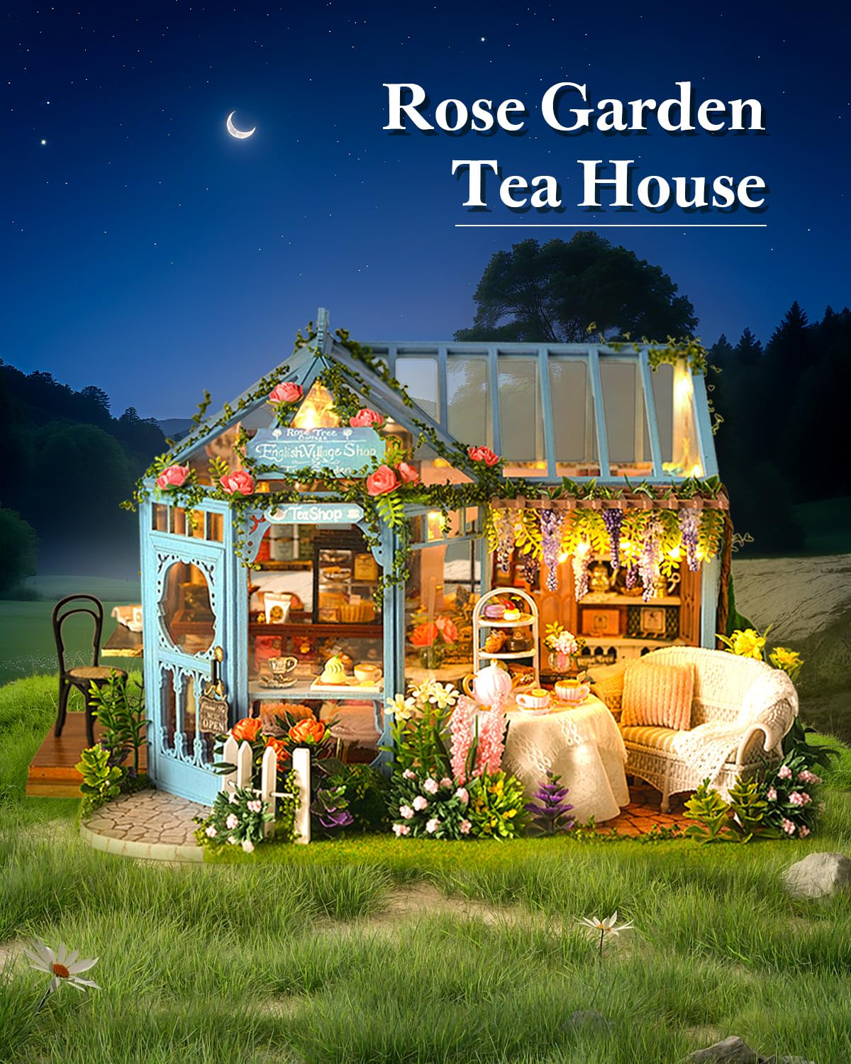 Endless Limit DIY Miniatur Haus Bausatz für Erwachsene,Puppenhaus Gewächshaus mit LED Licht,3D Puzzle Buchstütze aus Holz Modellbausatz Bastelset Bücherregal Deko Geschenken (Rose Garden Tea House)