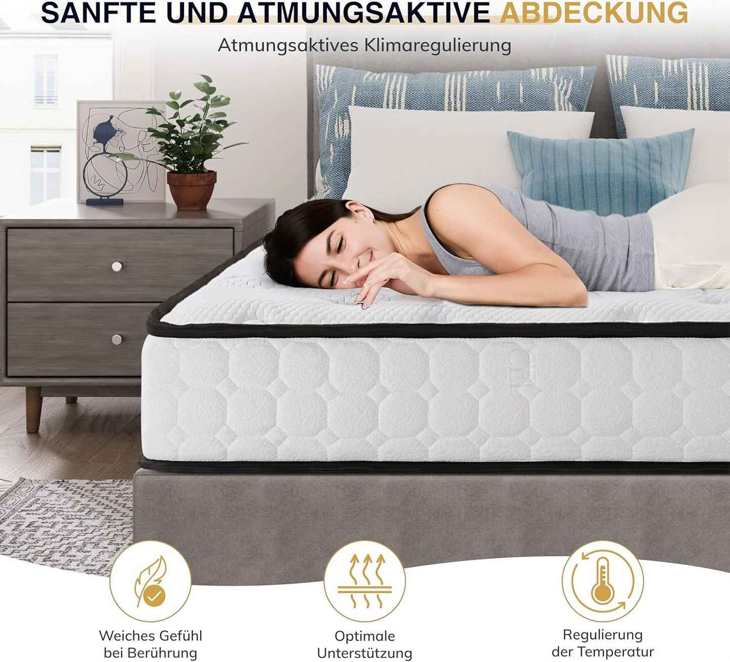 EGO HOME Pocket Spring Mattress 180 x 200 cm Height 22 cm Ergonomic 7-Zone Spring Mattress with Comfort Foam and Microfibre Cover Hardness H3 Mattress 180 x 200 cm Oeko-Tex Certified