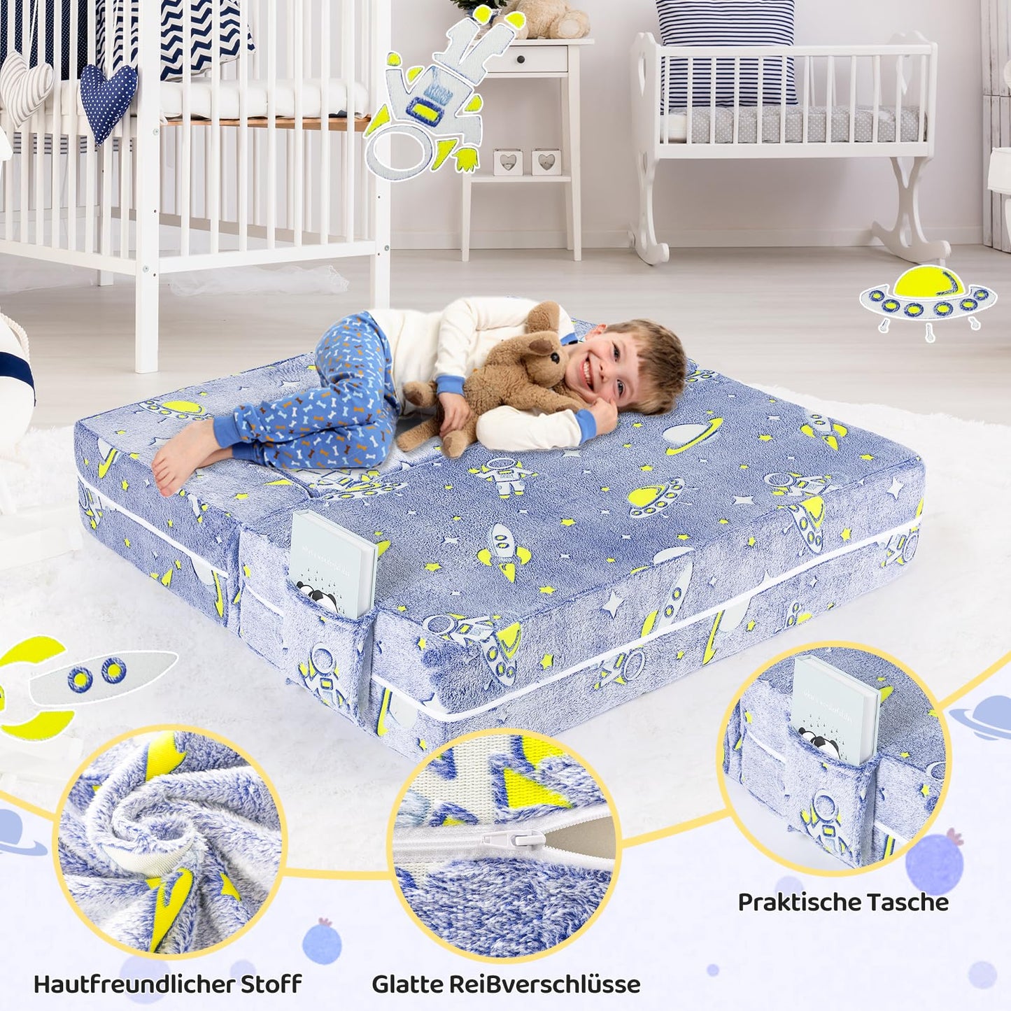 Children's Sofa Fold-Out 2-in-1 Toddler Sofa Bed, Children's Chair with Sleep Function, Mini Couch for Cuddly Corner Children's Room, Fancy Play Sofa for Girls and Boys, Glow in the Dark (Purple)