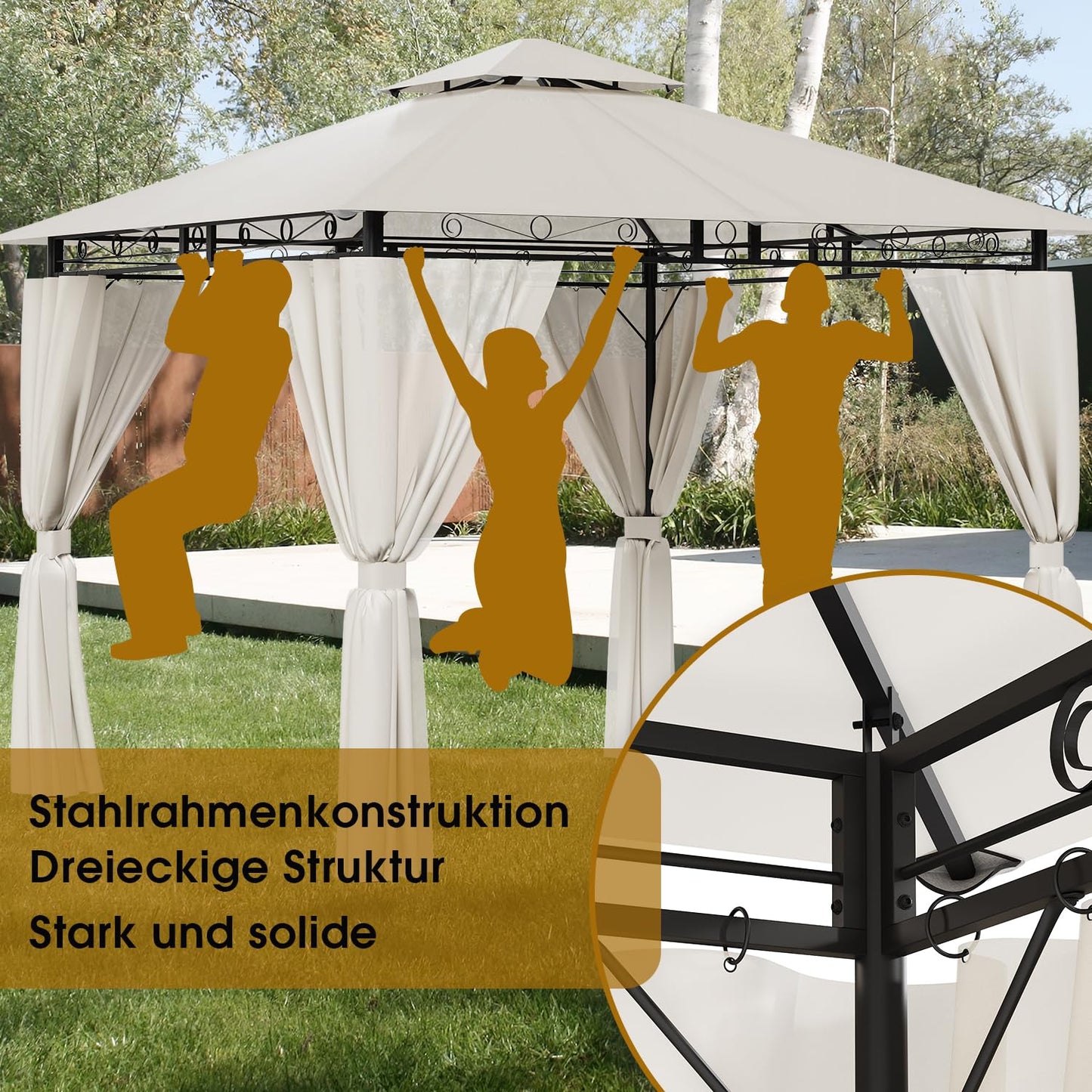 Gazebo 3 x 3 Waterproof Stable Winterproof, Garden Gazebo, Tarpaulin, Garden Gazebo, Metal Frame Gazebo, Grey