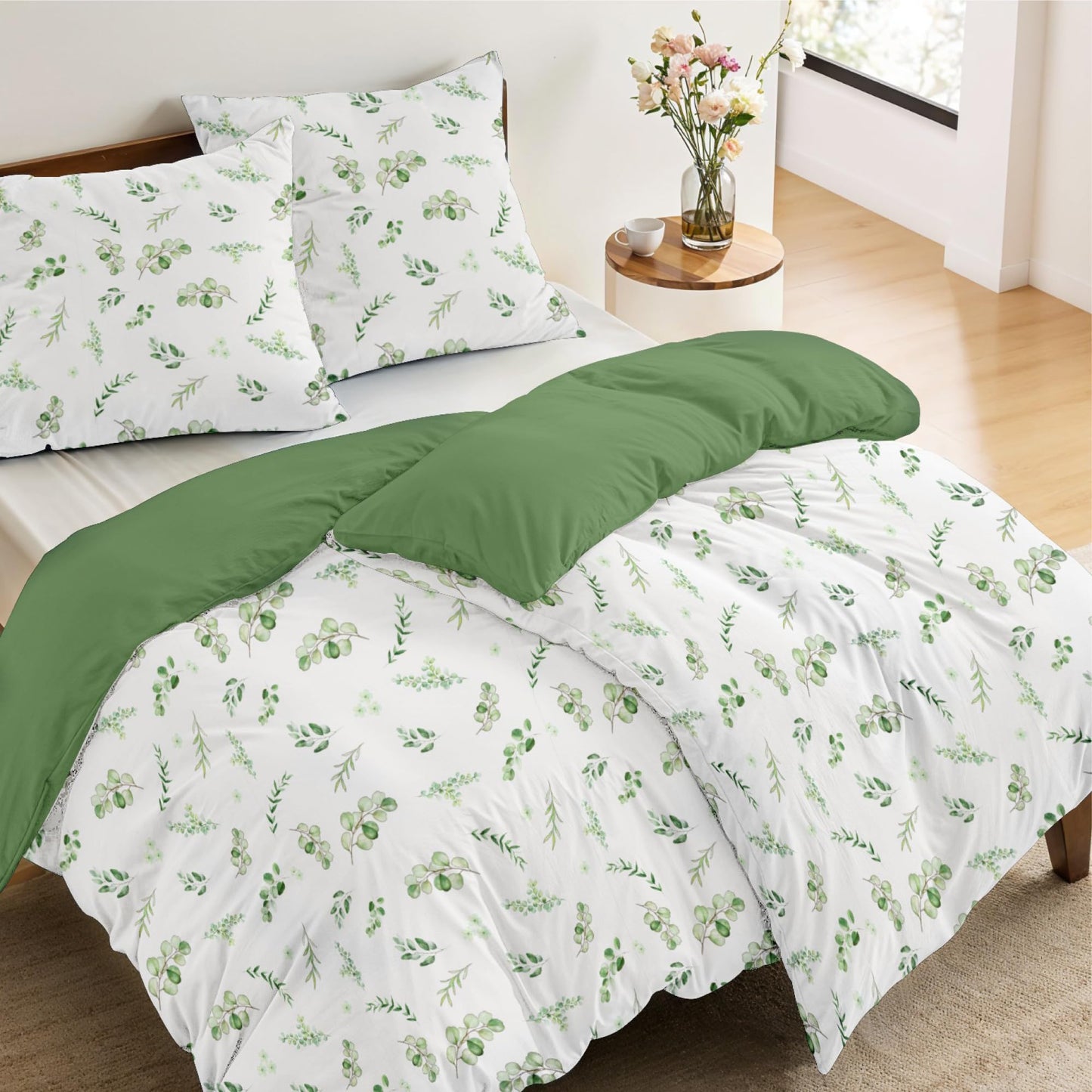 Dreamzie Bed Linen Set 155 x 220 cm with 2 Pillowcases 80 x 80 cm, Botanic Motif Sage Green, Adult Bed Linen, 155 x 220 cm, Made of 100% Microfibre, Certified, No Chemicals (OEKO TEX)
