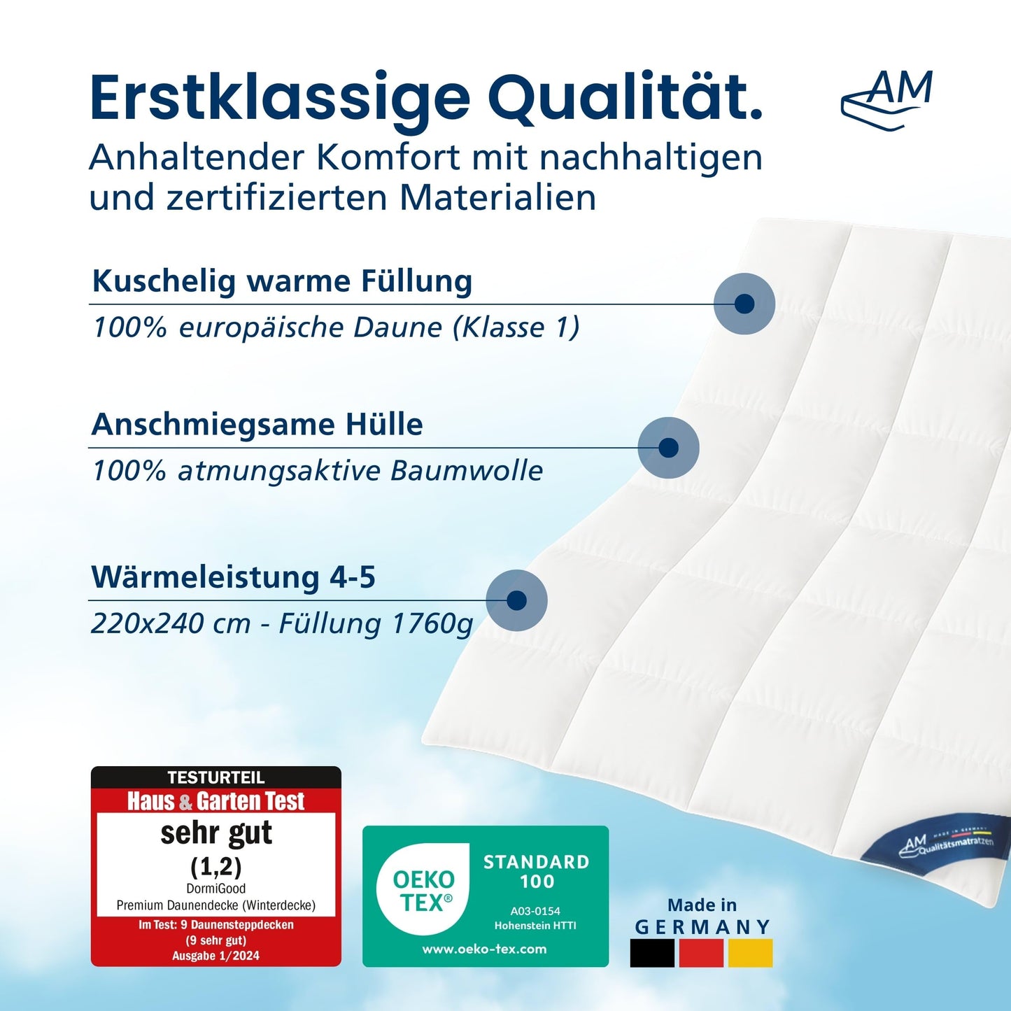 100% down - high-quality down duvet 135 x 200 cm for the transitional period - warm transition duvet 135 x 200 - for spring and autumn - cotton inlay