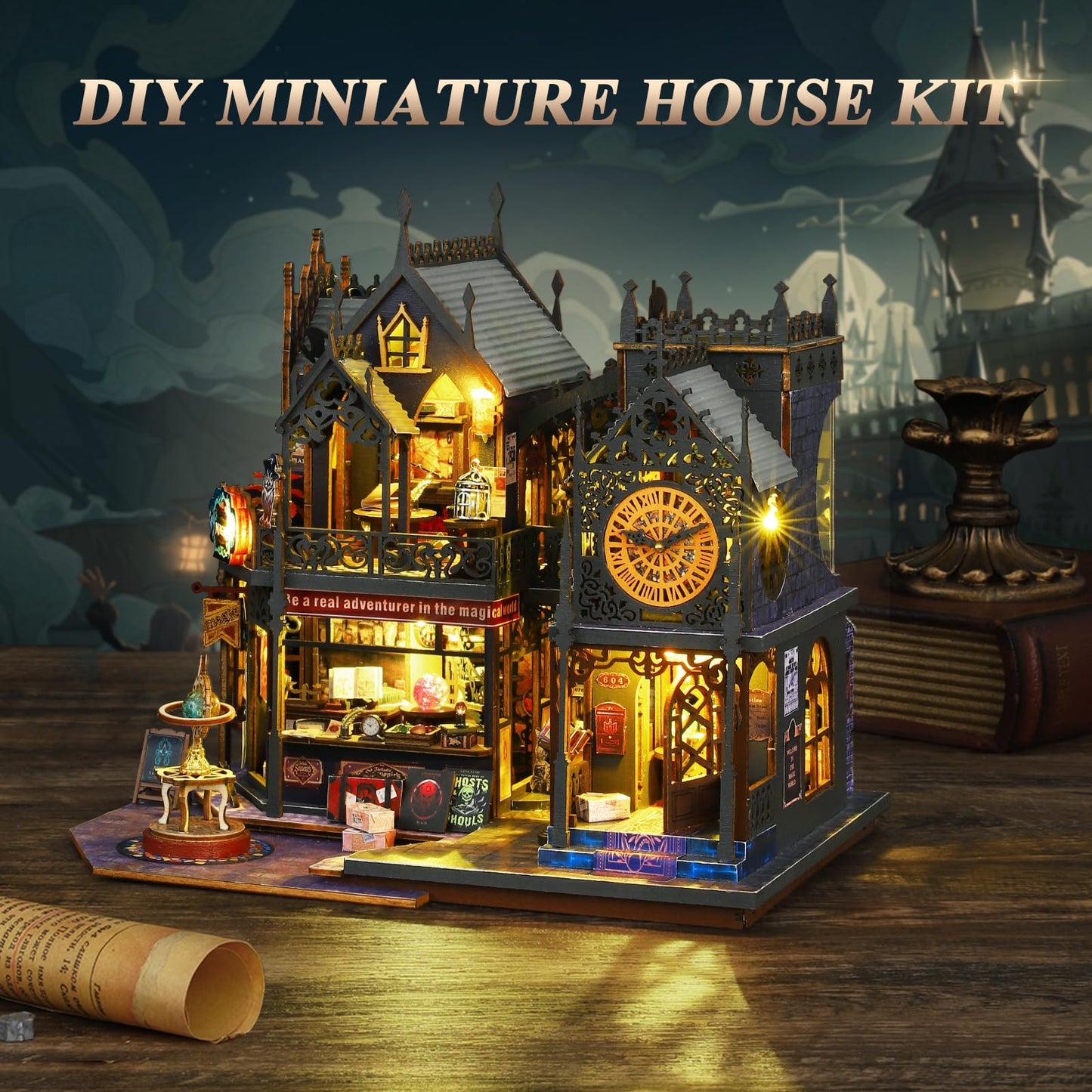 Mostop DIY Miniature Dollhouse Kit,Wooden Dollhouse Construction Kit,Miniature House Kit with LED Light und Bewegungen,Creative Room Idea for Children/Adults,Magic House,DIY Kits (Twilight Book City)