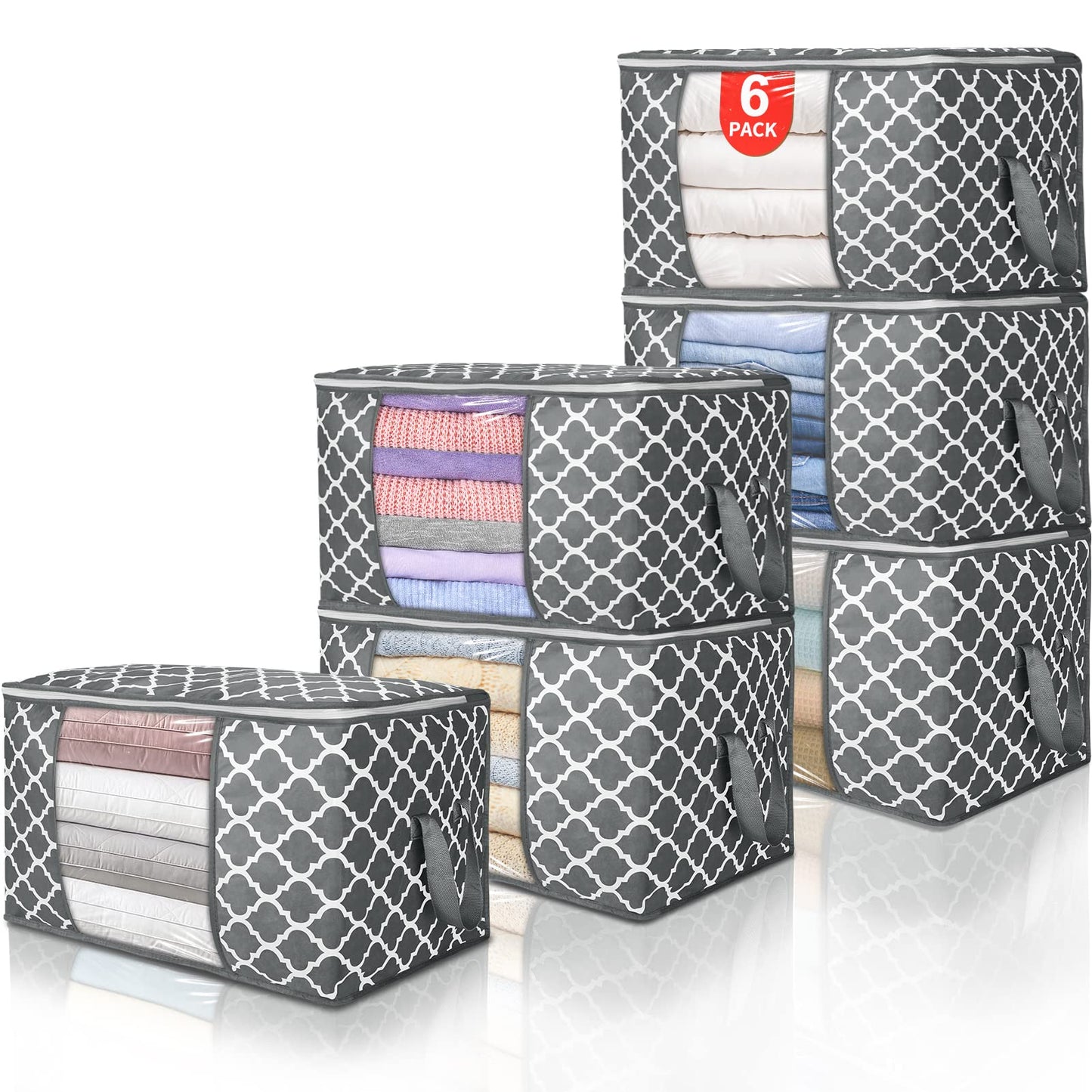 Budding Joy Pack of 6 90 L Storage Bags, Storage Boxes with Lid, Large, Clothes Storage, Moving Boxes, Foldable Underbed Wardrobe for Clothes, Duvets and Bedding, Grey