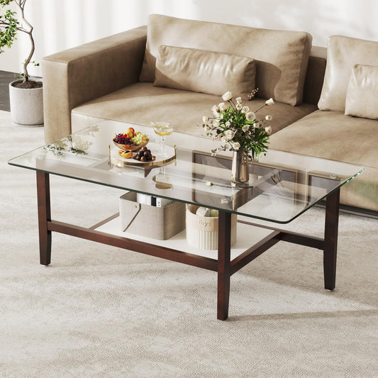 LIFEZEAL Glass Coffee Table, Stylish Living Room Table, Solid Wood with 2 Levels, Modern Sofa Table for Living Room, Bedroom, 107 x 60 x 42 cm
